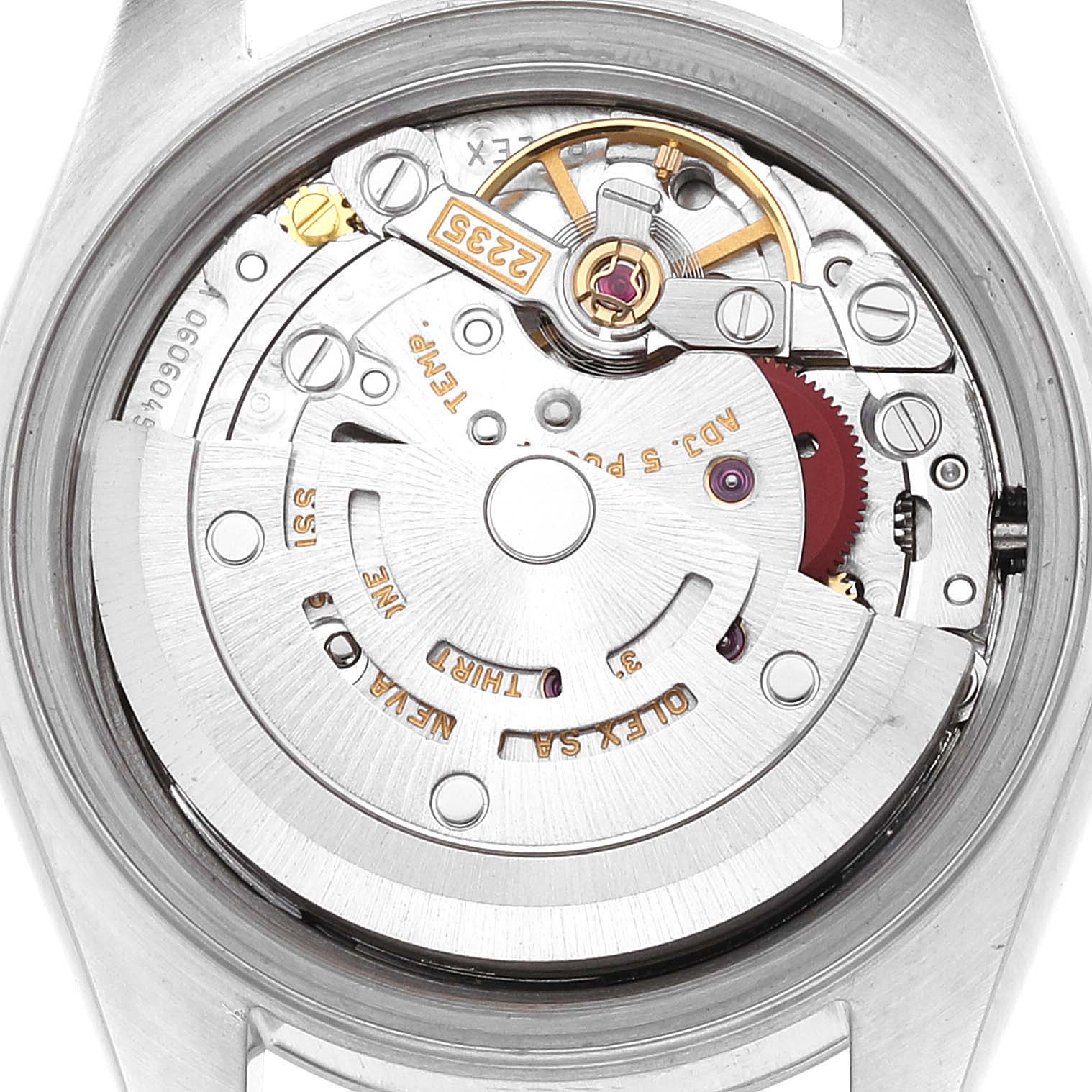 The image shows the internal mechanism of a Rolex Date 79160 Women's Stainless Steel Silver Dial 79160 Women's Stainless Steel Silver Dial model watch, viewed from the back.