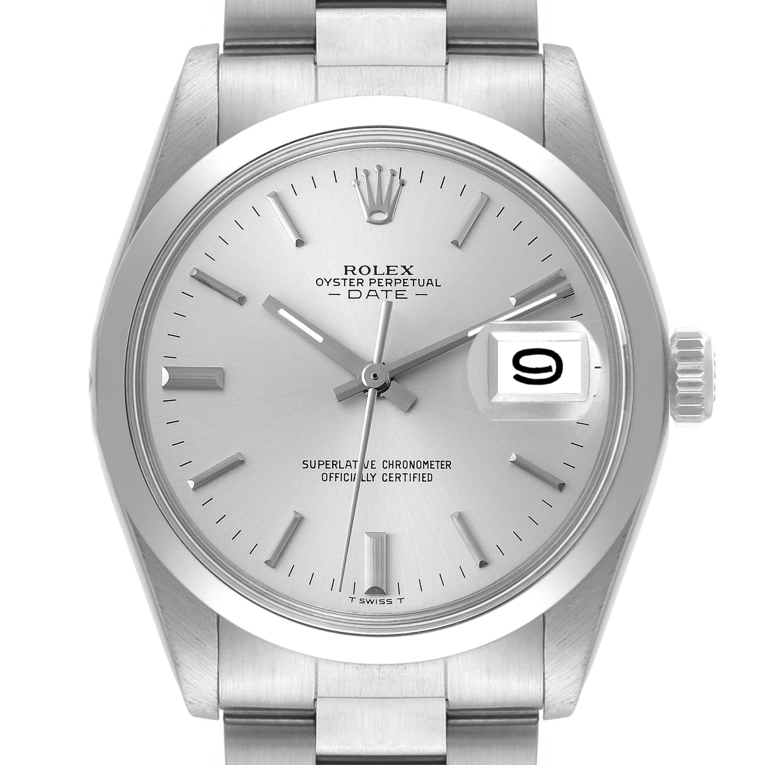 The image shows a front view of a Rolex Vintage Collection 1500 Men's Stainless Steel Silver Dial 1500 Men's Stainless Steel Silver Dial Oyster Perpetual Date watch, highlighting the dial, date window, and watch hands.