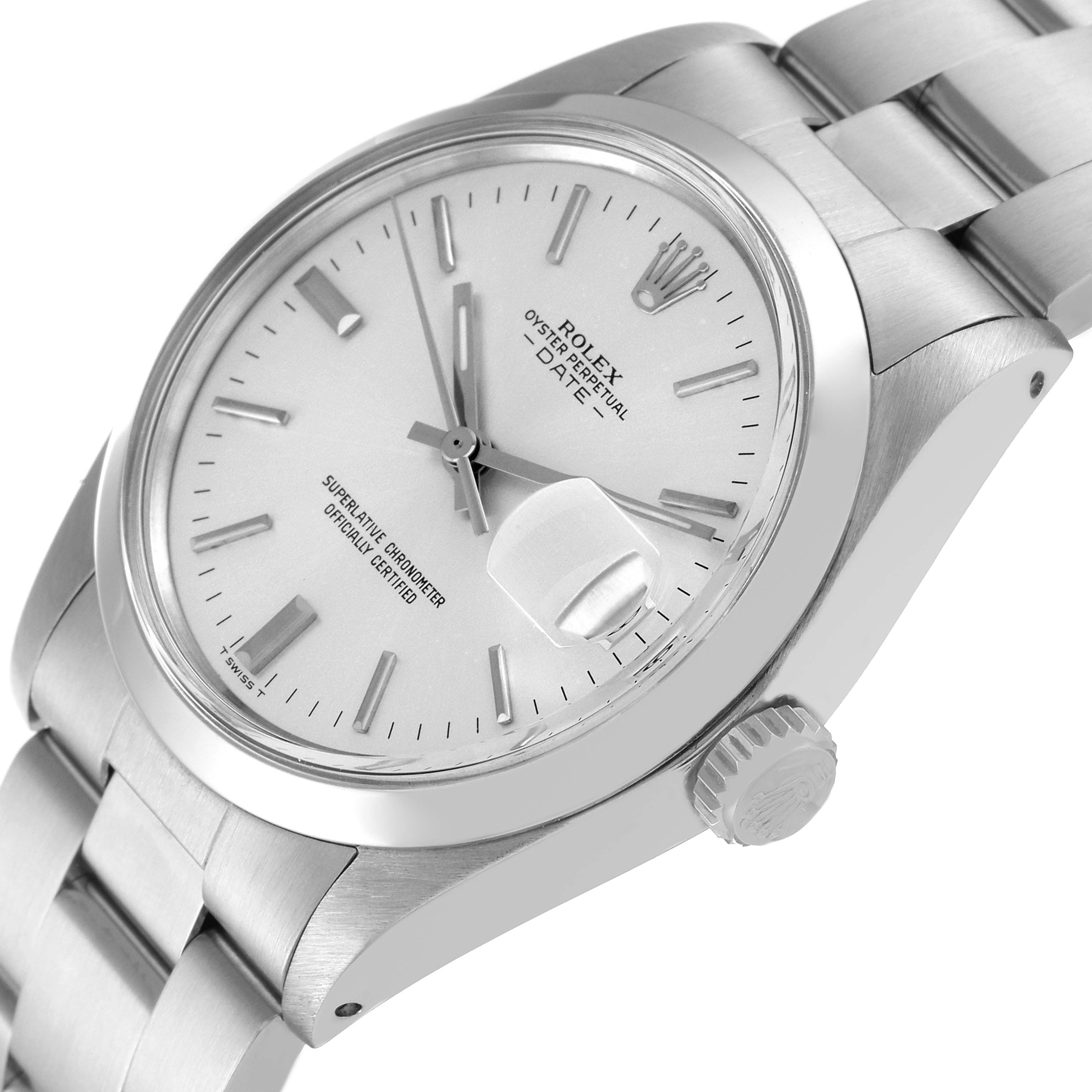 This image shows a close-up angle of the Rolex Vintage Collection 1500 Men's Stainless Steel Silver Dial 1500 Men's Stainless Steel Silver Dial watch's face, crown, and bracelet.