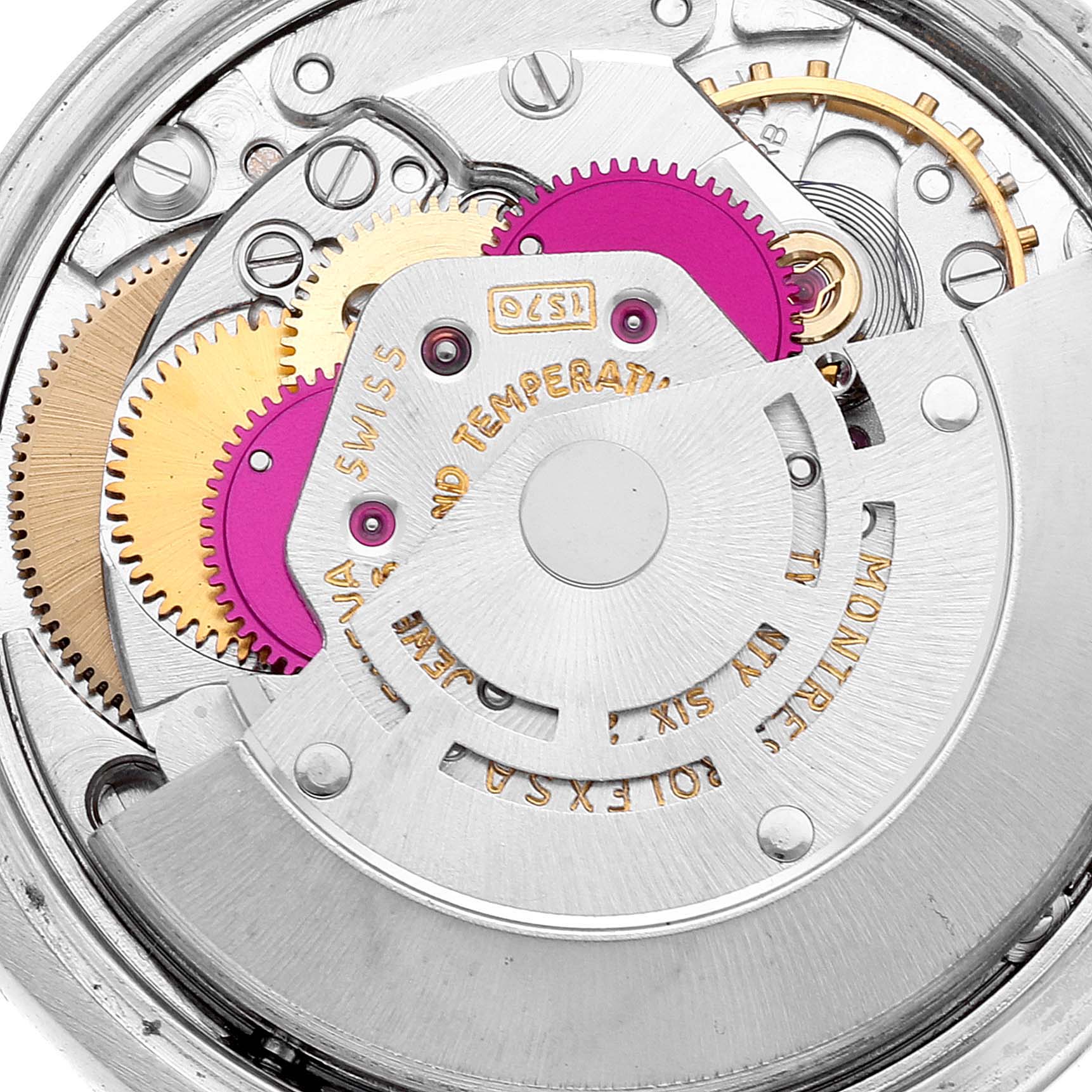 The image shows the detailed inner mechanism of the Rolex Vintage Collection 1500 Men's Stainless Steel Silver Dial 1500 Men's Stainless Steel Silver Dial model from a top-down view.