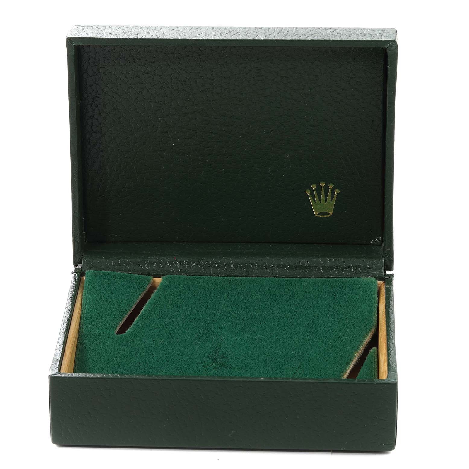 The image shows an open green watch box of the Rolex Vintage Collection 1500 Men's Stainless Steel Silver Dial 1500 Men's Stainless Steel Silver Dial with a crown logo inside the lid.