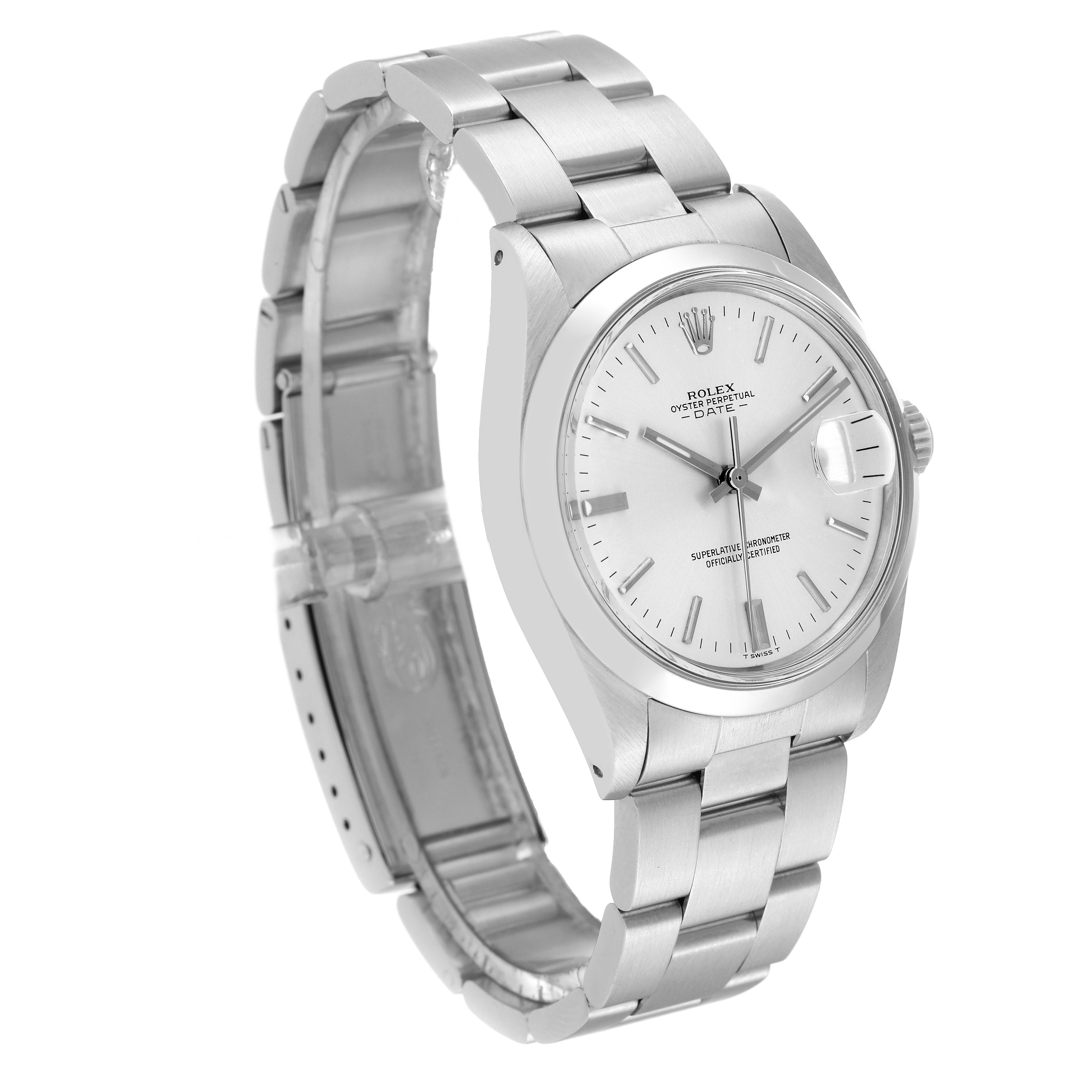 This image shows a Rolex Vintage Collection 1500 Men's Stainless Steel Silver Dial 1500 Men's Stainless Steel Silver Dial watch at a three-quarter angle, displaying the bracelet, bezel, and dial with the date feature.