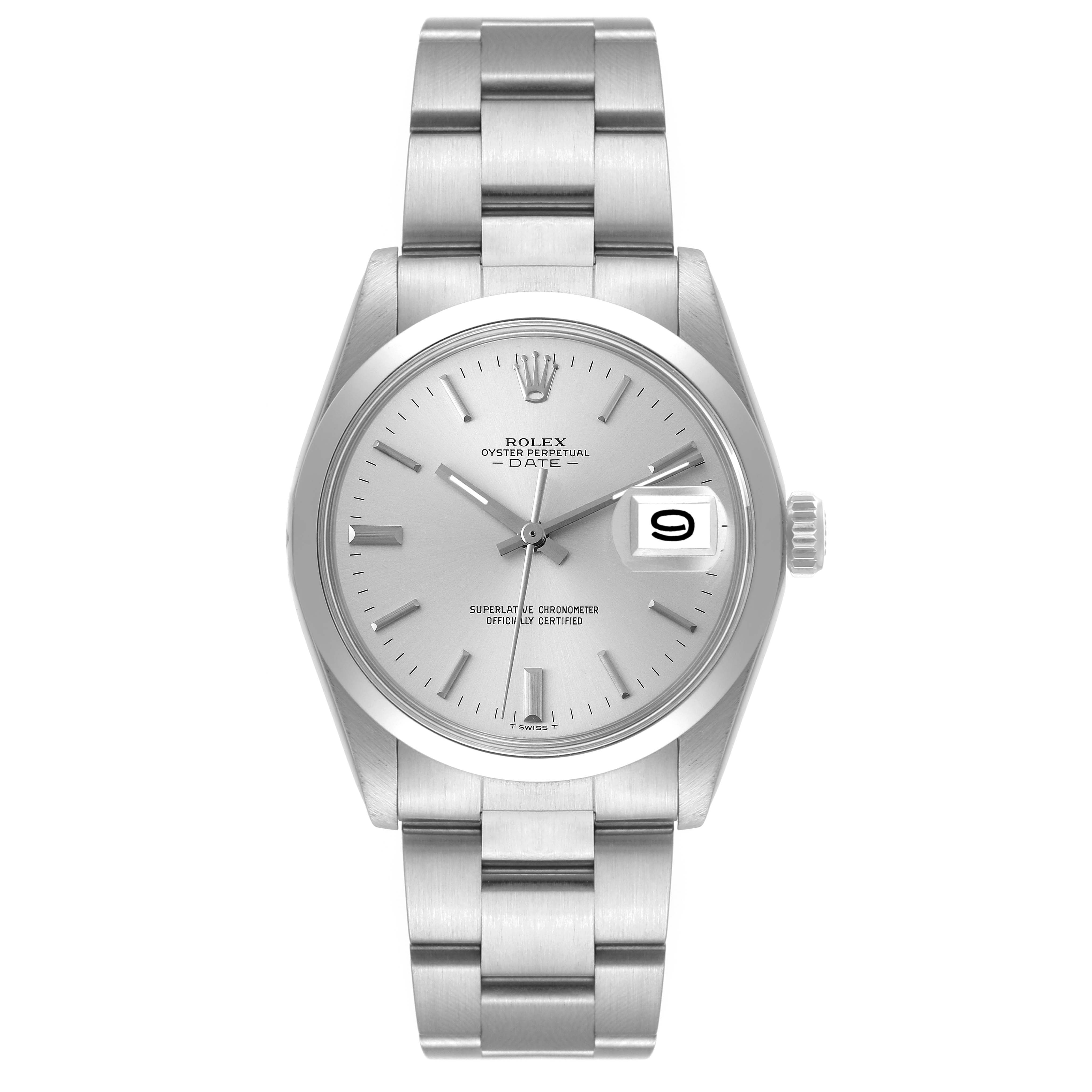 The image shows a front view of the Rolex Oyster Perpetual Date Vintage Collection watch, highlighting the dial, bracelet, and date window.