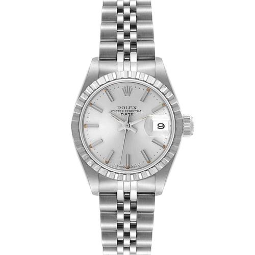 Photo of Rolex Date Steel Silver Dial Engine Turned Bezel Ladies Watch 69240