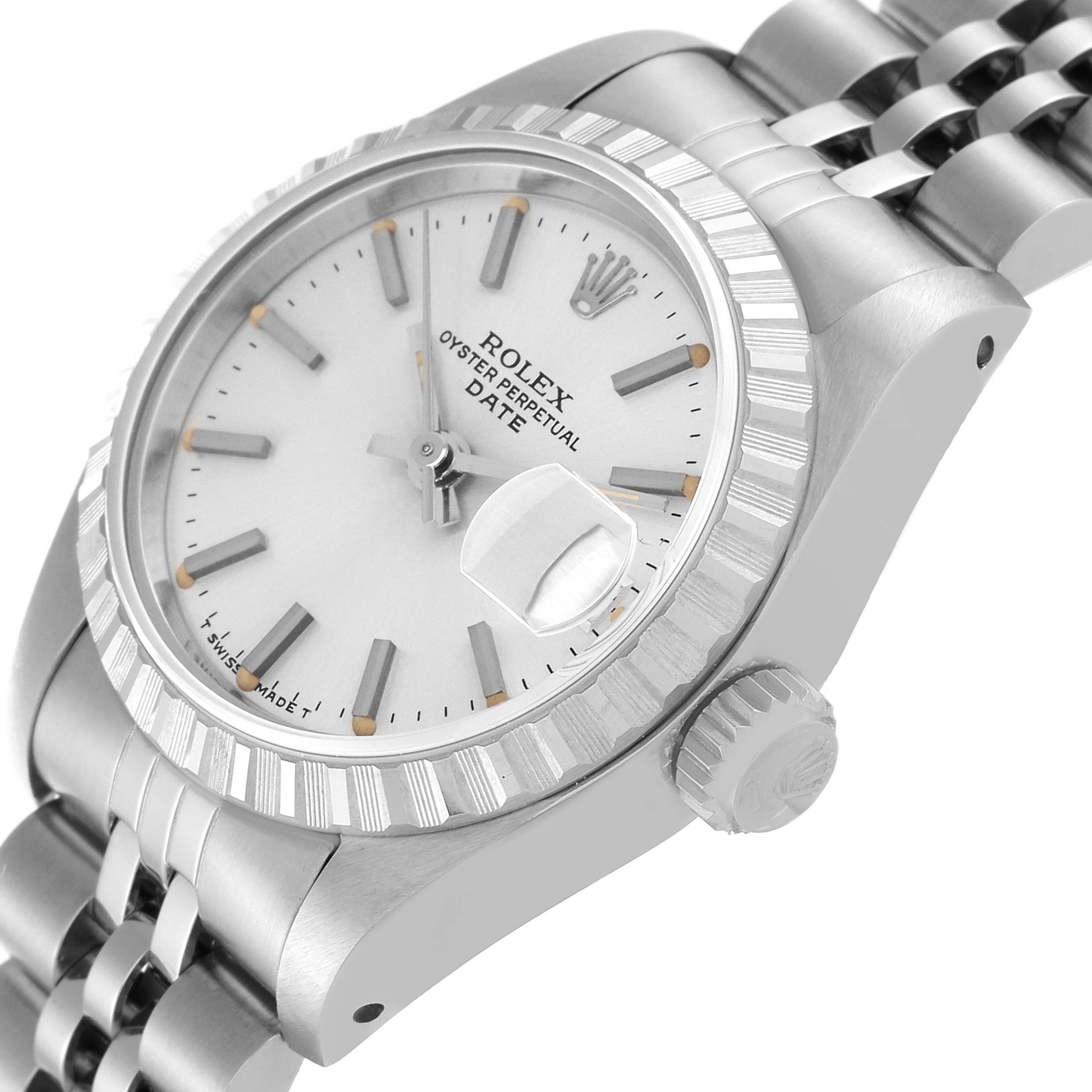 The image shows a close-up of the Rolex Date 69240 Women's Stainless Steel Silver Dial 69240 Women's Stainless Steel Silver Dial watch, featuring the dial, bezel, and part of the bracelet.