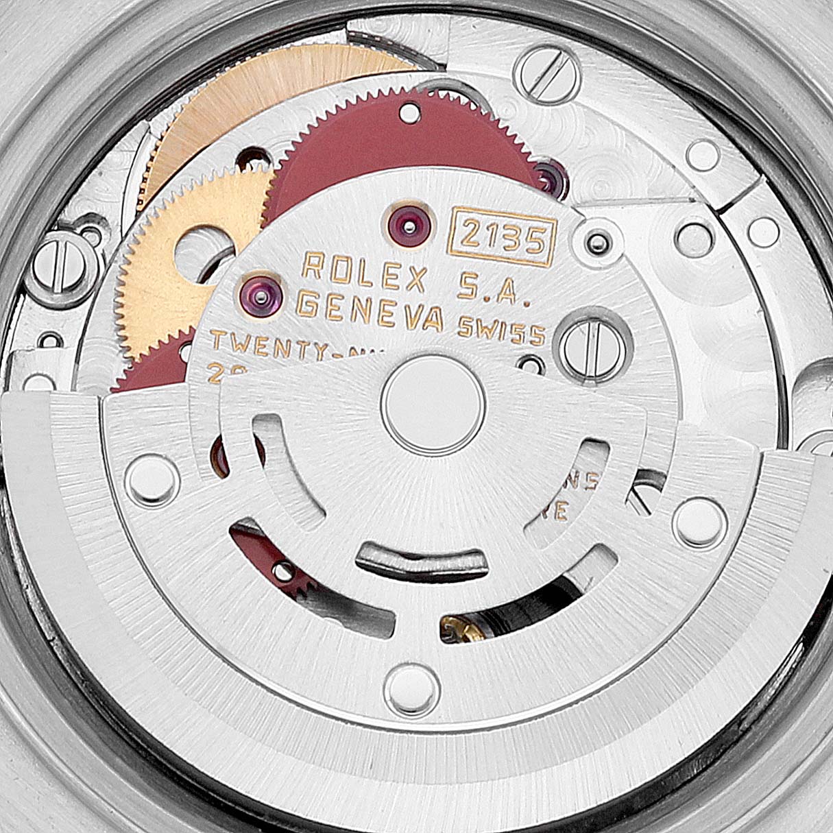 This close-up image shows the intricate internal mechanism of the Rolex Date 69240 Women's Stainless Steel Silver Dial 69240 Women's Stainless Steel Silver Dial model watch.