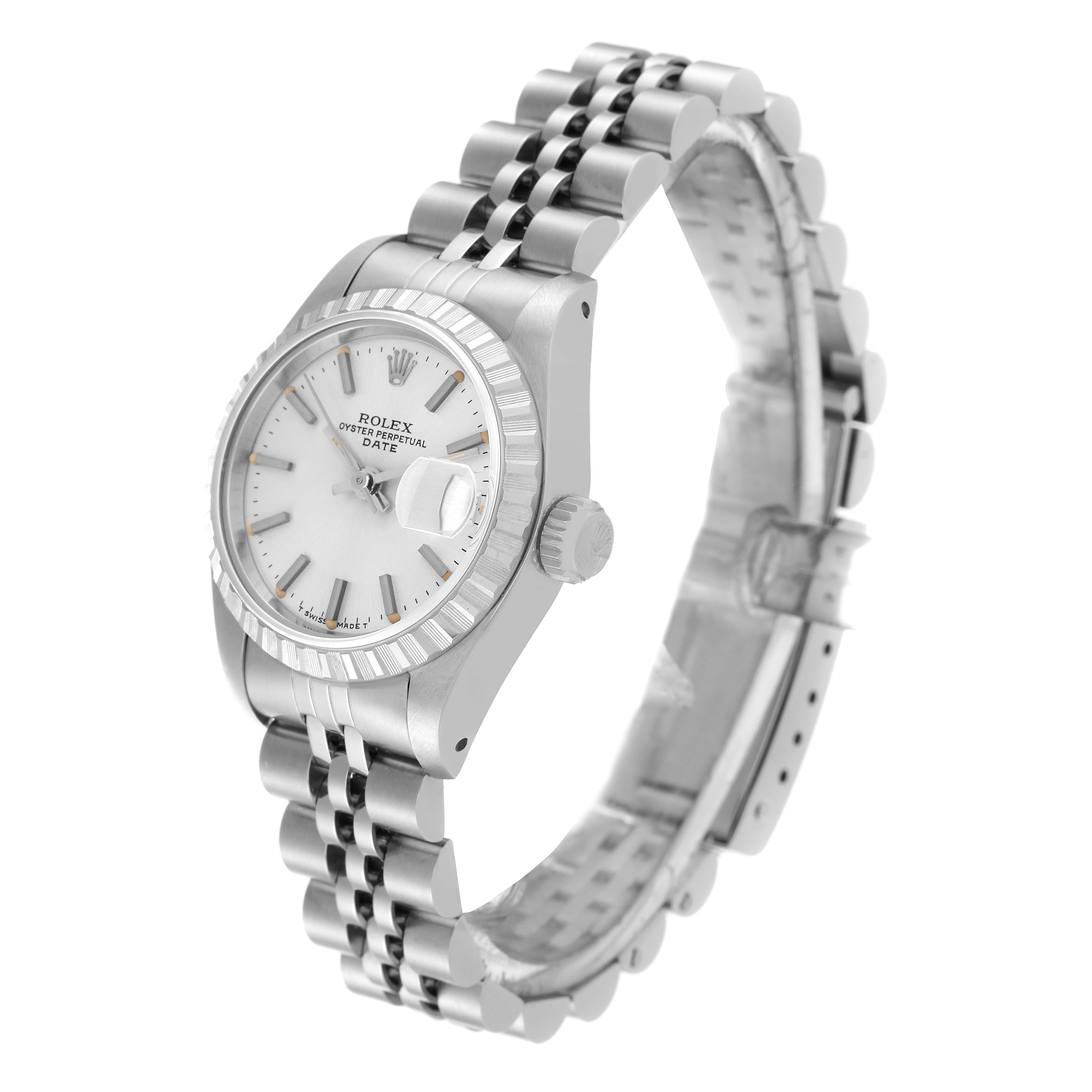 The image shows a Rolex Date 69240 Women's Stainless Steel Silver Dial 69240 Women's Stainless Steel Silver Dial model watch from a three-quarter angle, highlighting the dial, bezel, crown, and bracelet.