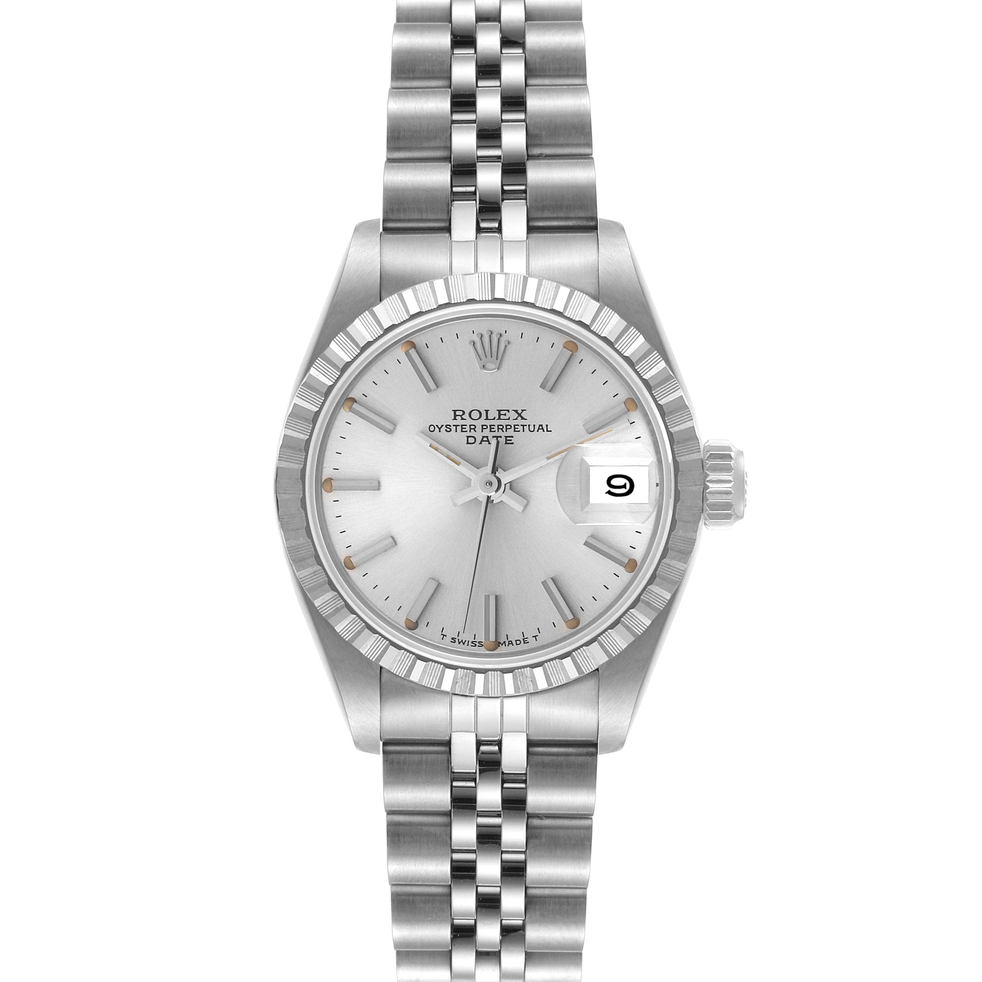 This is a front view of a Rolex Date 69240 Women's Stainless Steel Silver Dial 69240 Women's Stainless Steel Silver Dial model watch showing the face, bezel, dial, hands, and bracelet.