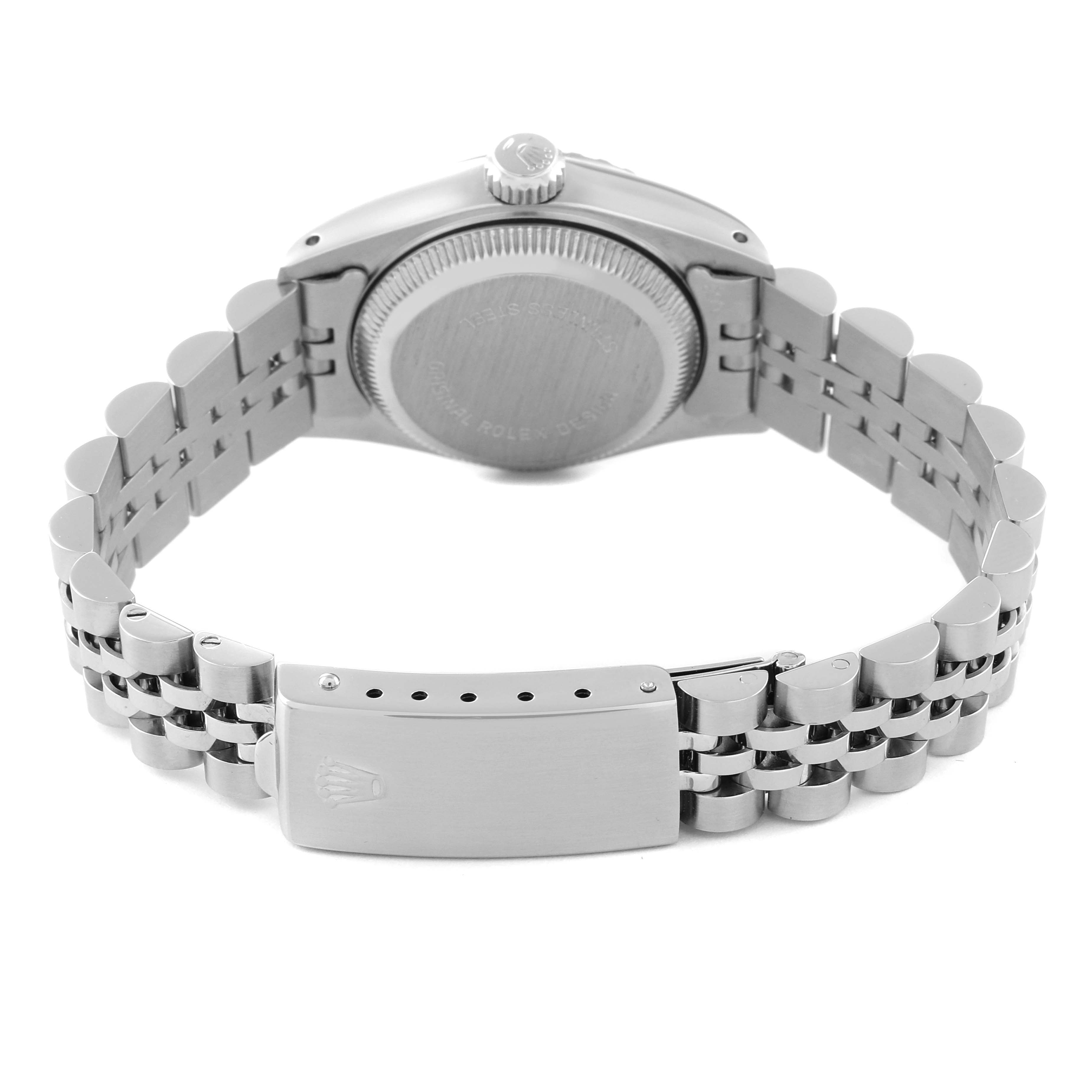 The image shows the back view and bracelet of a Rolex Date 69240 Women's Stainless Steel Silver Dial 69240 Women's Stainless Steel Silver Dial model watch.