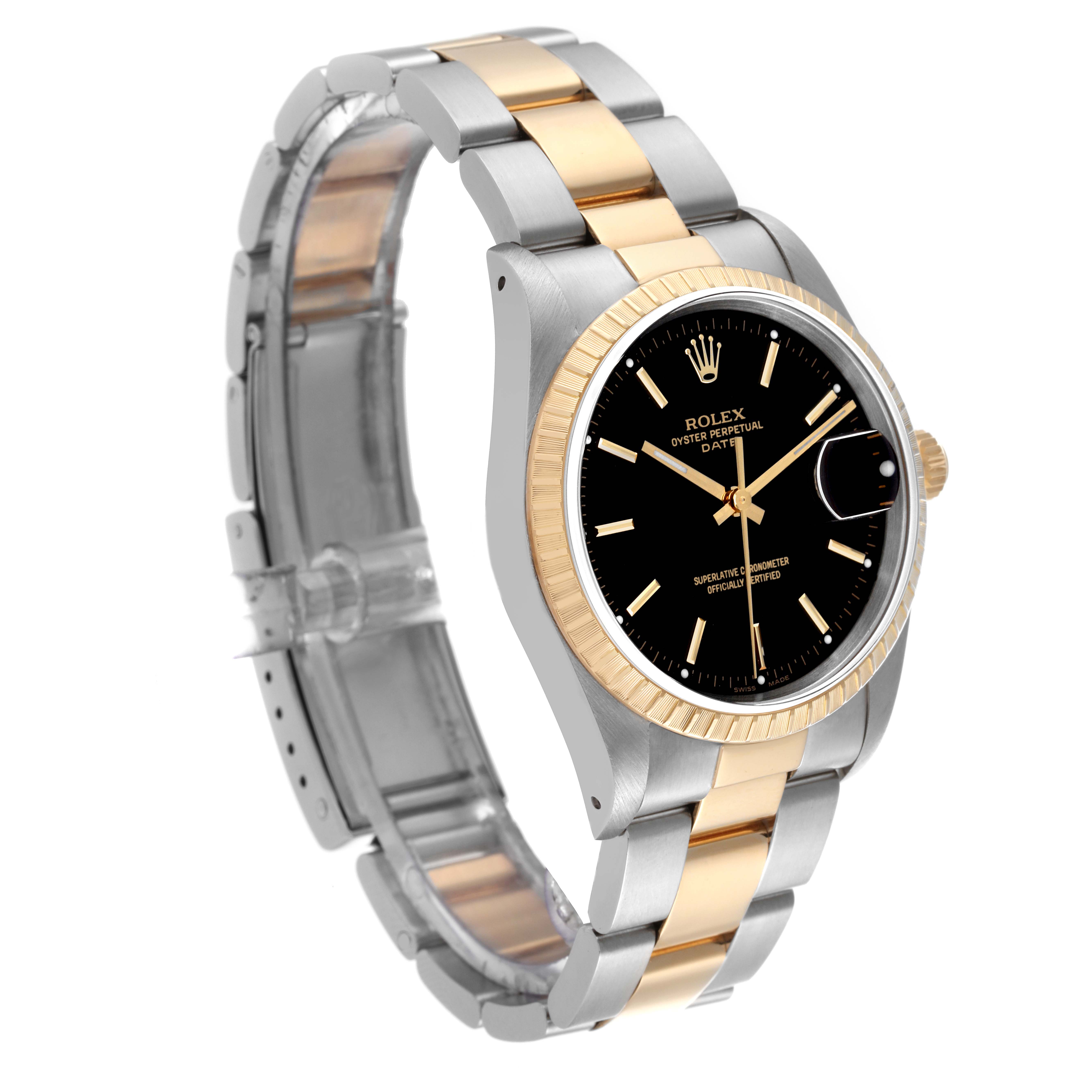The image shows a side angle of a Rolex Date 15223 Men's Steel and Gold (two tone) Black Dial 15223 Men's Steel and Gold (two tone) Black Dial model watch, highlighting its two-tone bracelet and black dial.