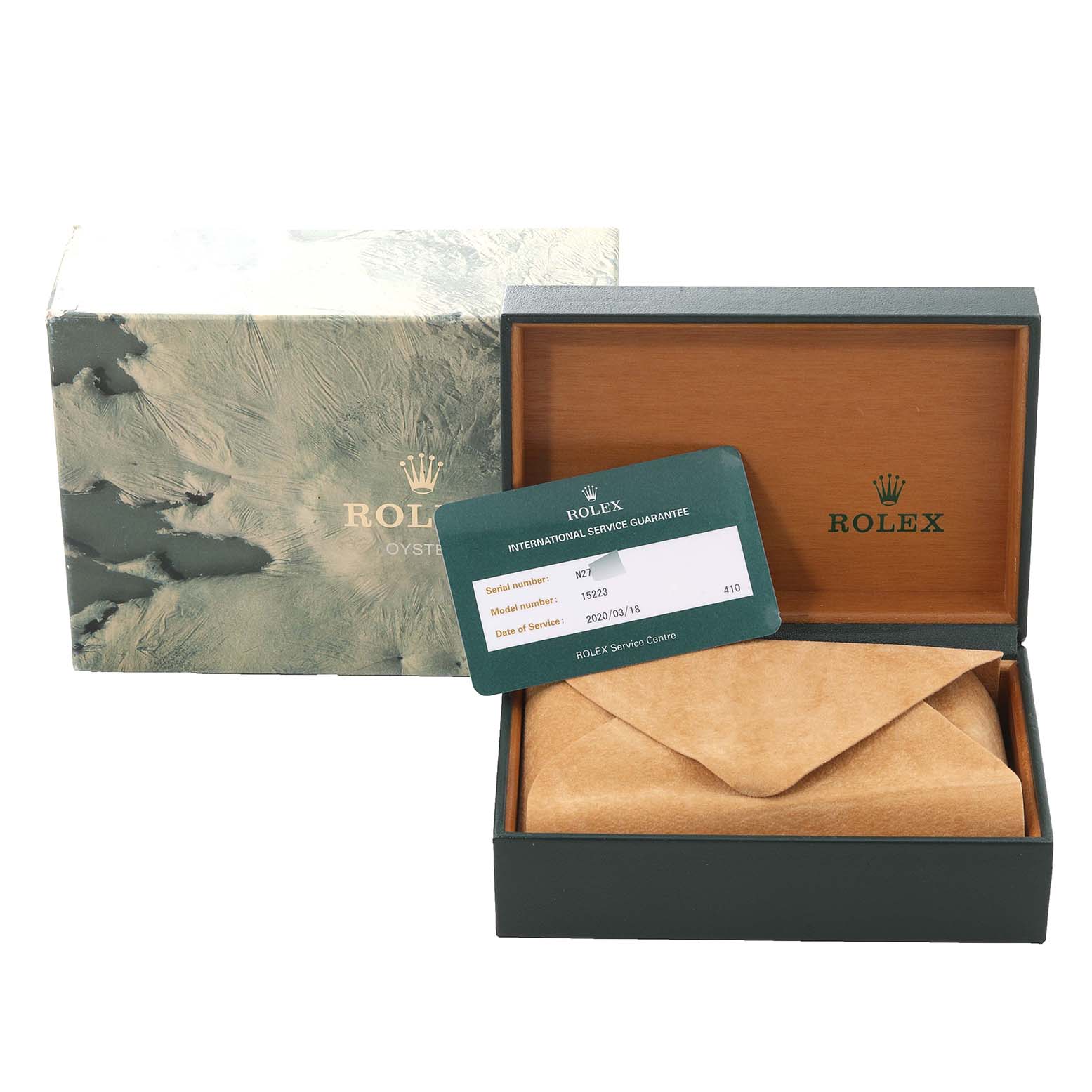 The image shows an opened Rolex Date 15223 Men's Steel and Gold (two tone) Black Dial 15223 Men's Steel and Gold (two tone) Black Dial model box with an internal card and suede pouch, and the outer luxury packaging.