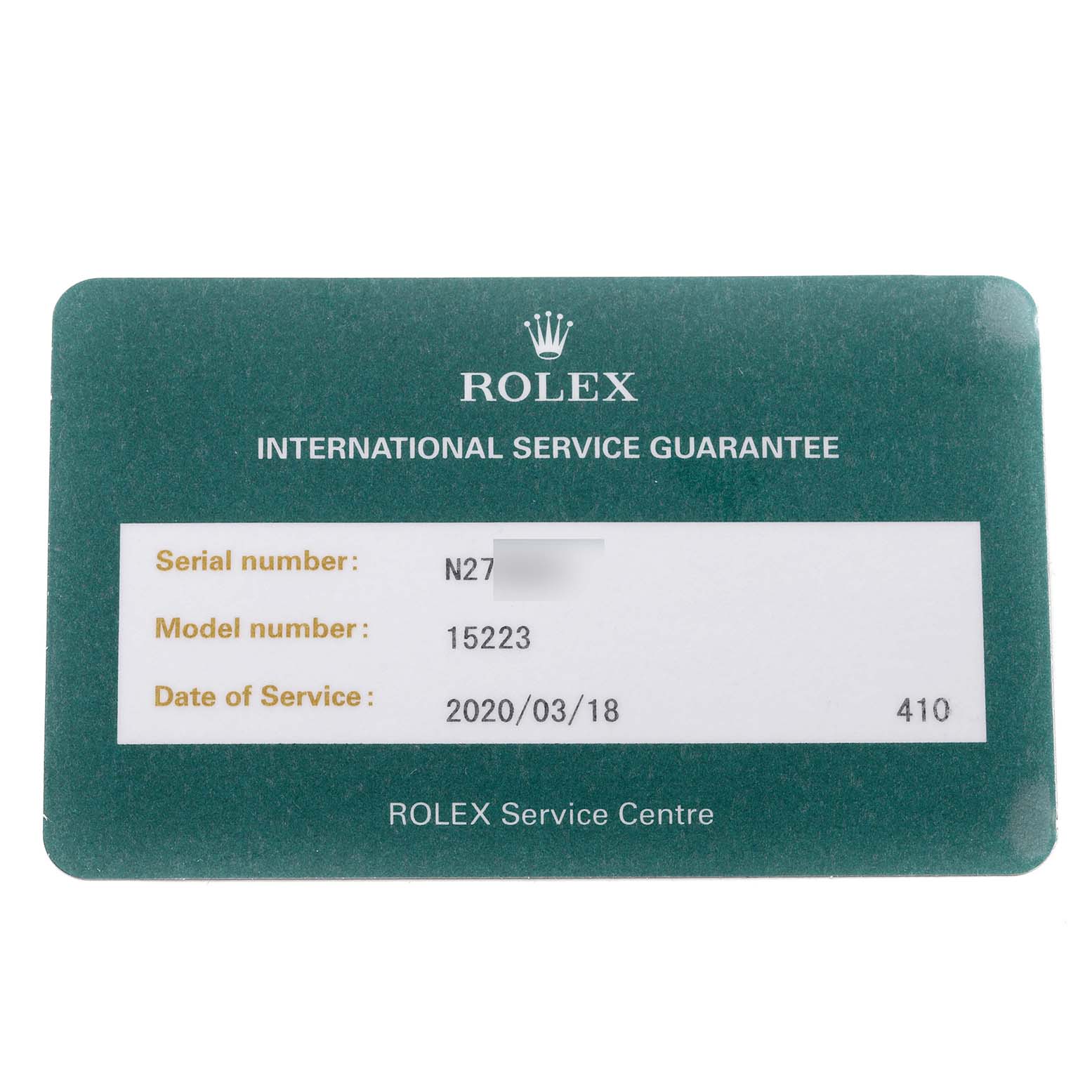 The image shows a Rolex Date 15223 Men's Steel and Gold (two tone) Black Dial 15223 Men's Steel and Gold (two tone) Black Dial model 15223 International Service Guarantee card.