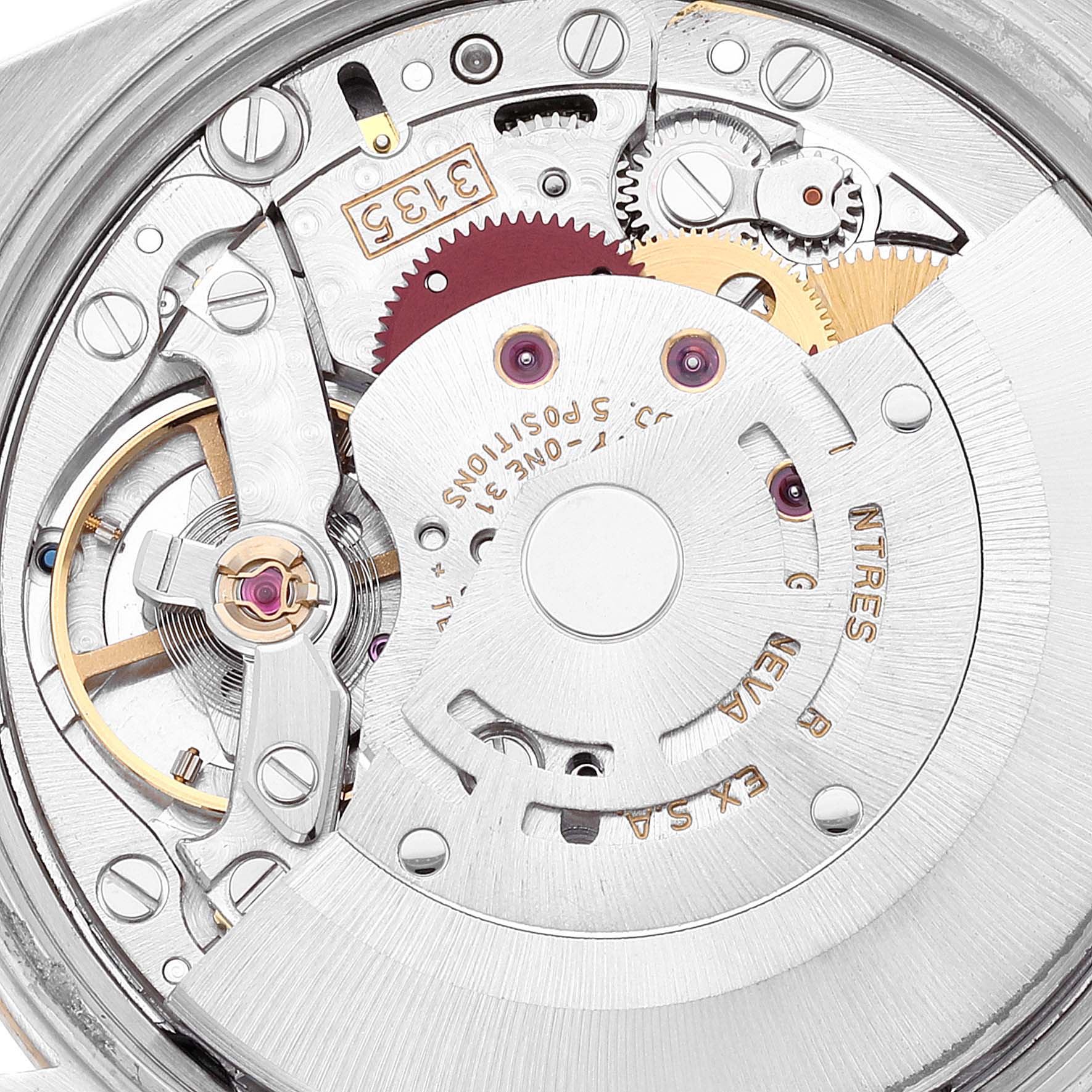 This is a close-up view of the movement mechanism of a Rolex Date 15223 Men's Steel and Gold (two tone) Black Dial 15223 Men's Steel and Gold (two tone) Black Dial model watch.