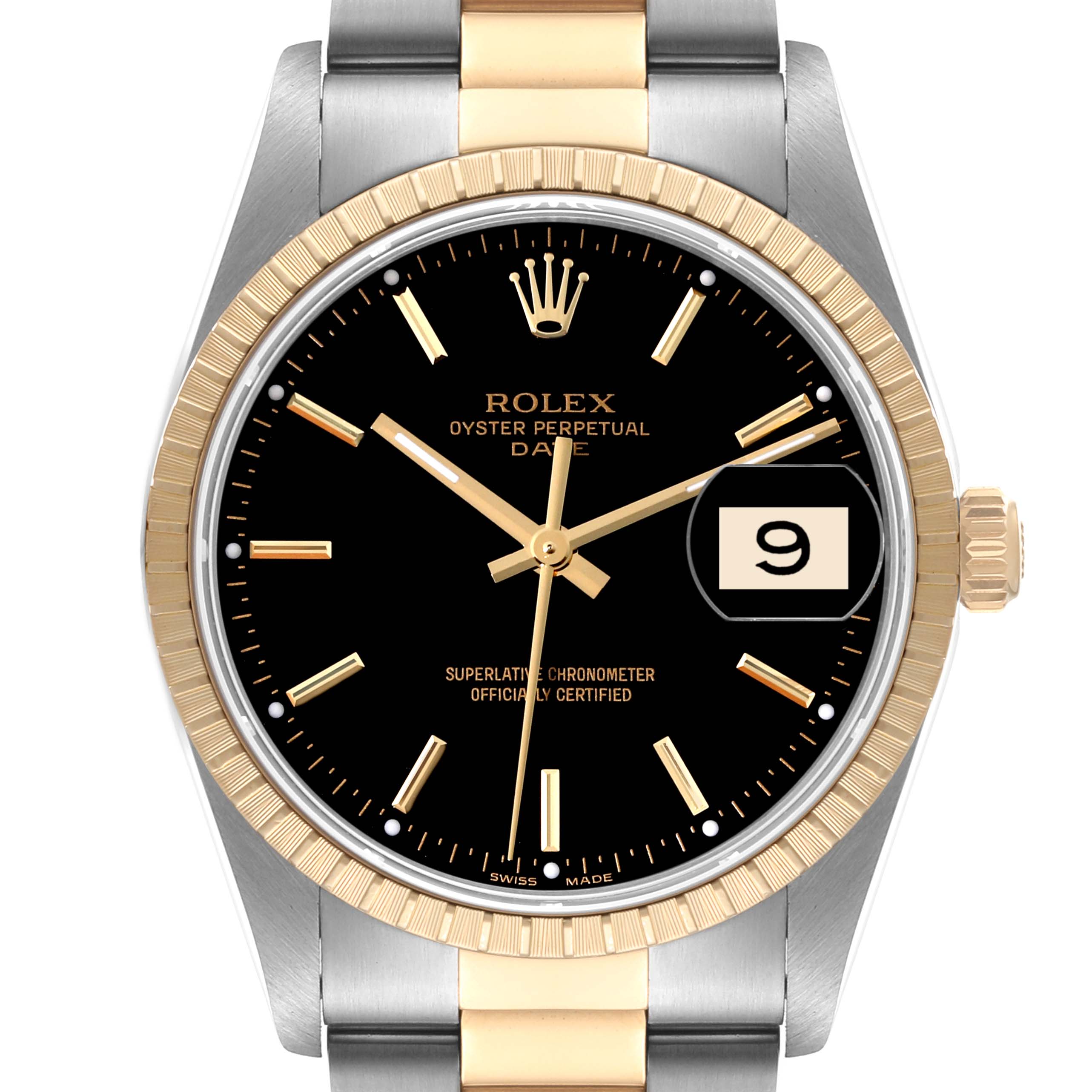 The image shows a front view of a Rolex Oyster Perpetual Date watch, highlighting its gold markers, bezel, and two-tone bracelet.