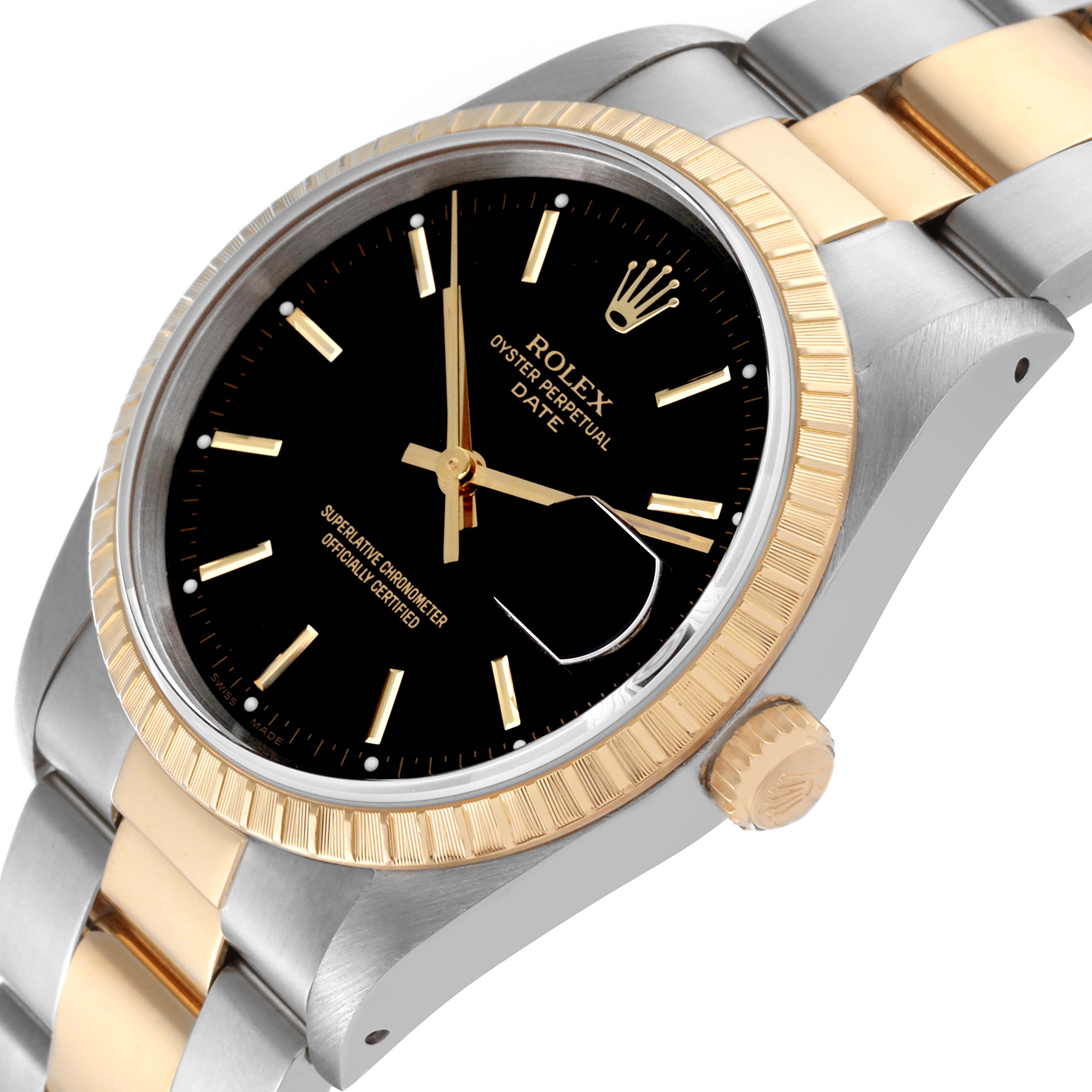 This image shows a close-up of a Rolex Date 15223 Men's Steel and Gold (two tone) Black Dial 15223 Men's Steel and Gold (two tone) Black Dial model watch, highlighting the dial, bezel, crown, and part of the bracelet.