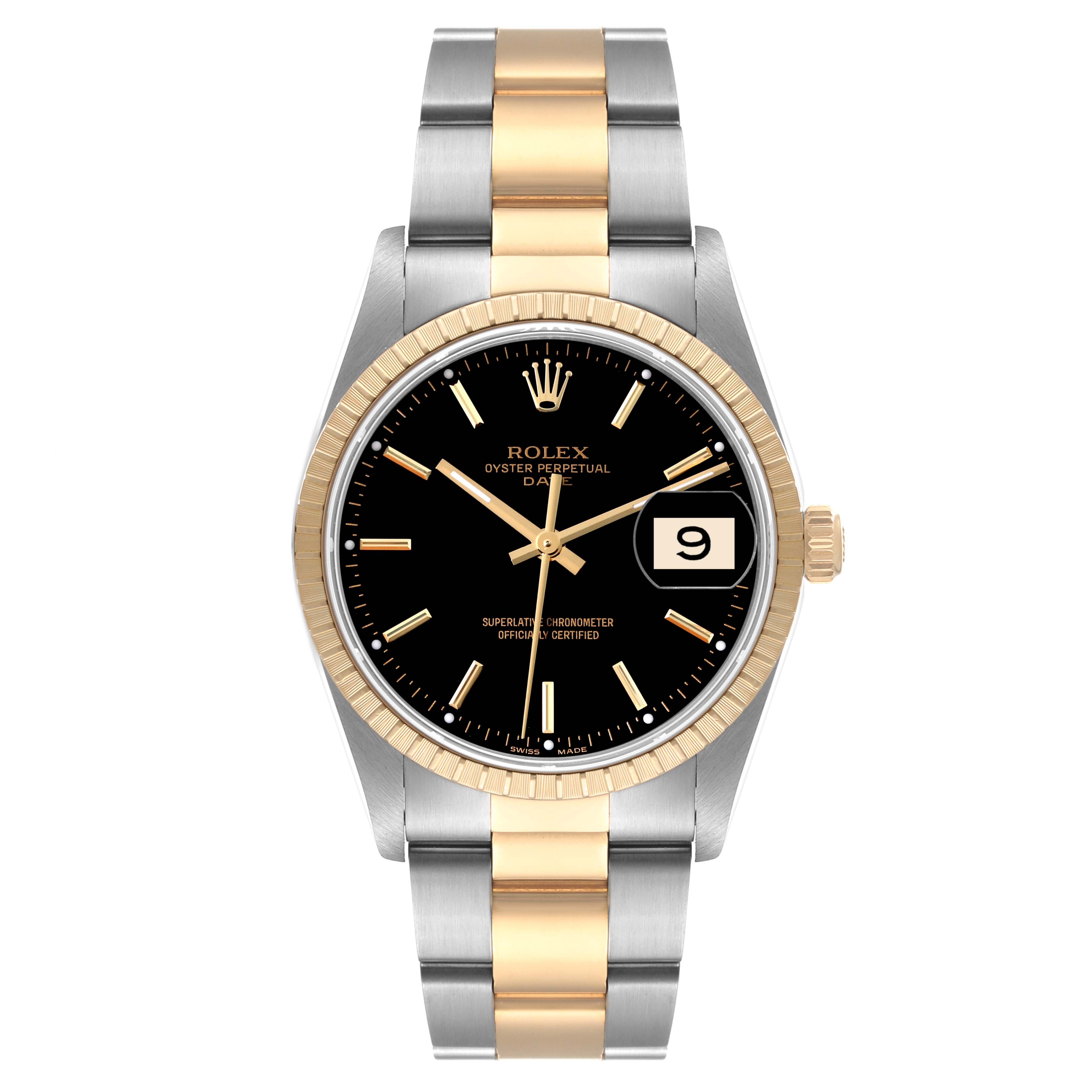 The image shows a front view of a Rolex Date 15223 Men's Steel and Gold (two tone) Black Dial 15223 Men's Steel and Gold (two tone) Black Dial model watch, highlighting the dial, bezel, bracelet, and crown.