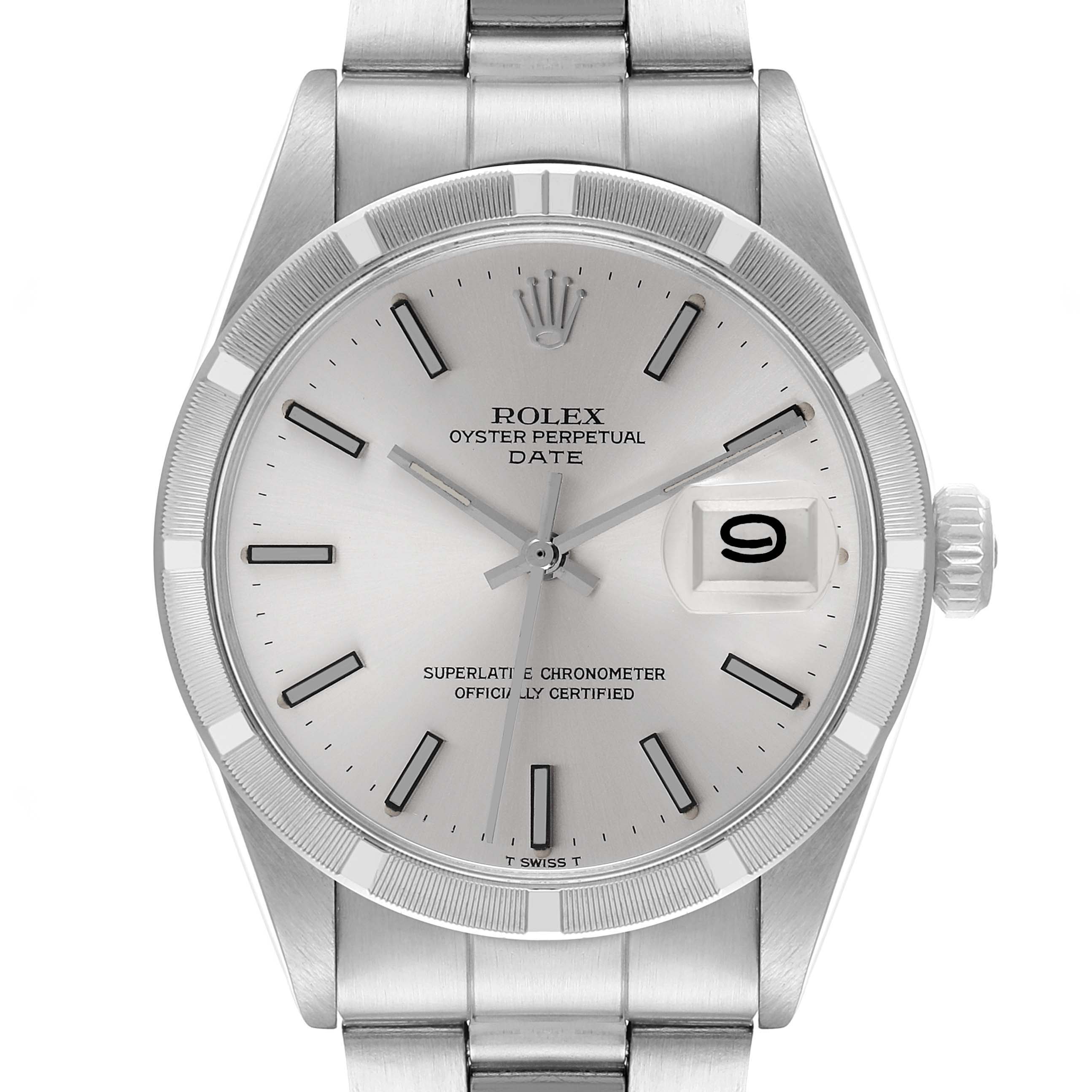The image shows a frontal view of the Rolex Vintage Collection 1501 Men's Stainless Steel Silver Dial 1501 Men's Stainless Steel Silver Dial model, highlighting the dial, bezel, crown, and part of the bracelet.