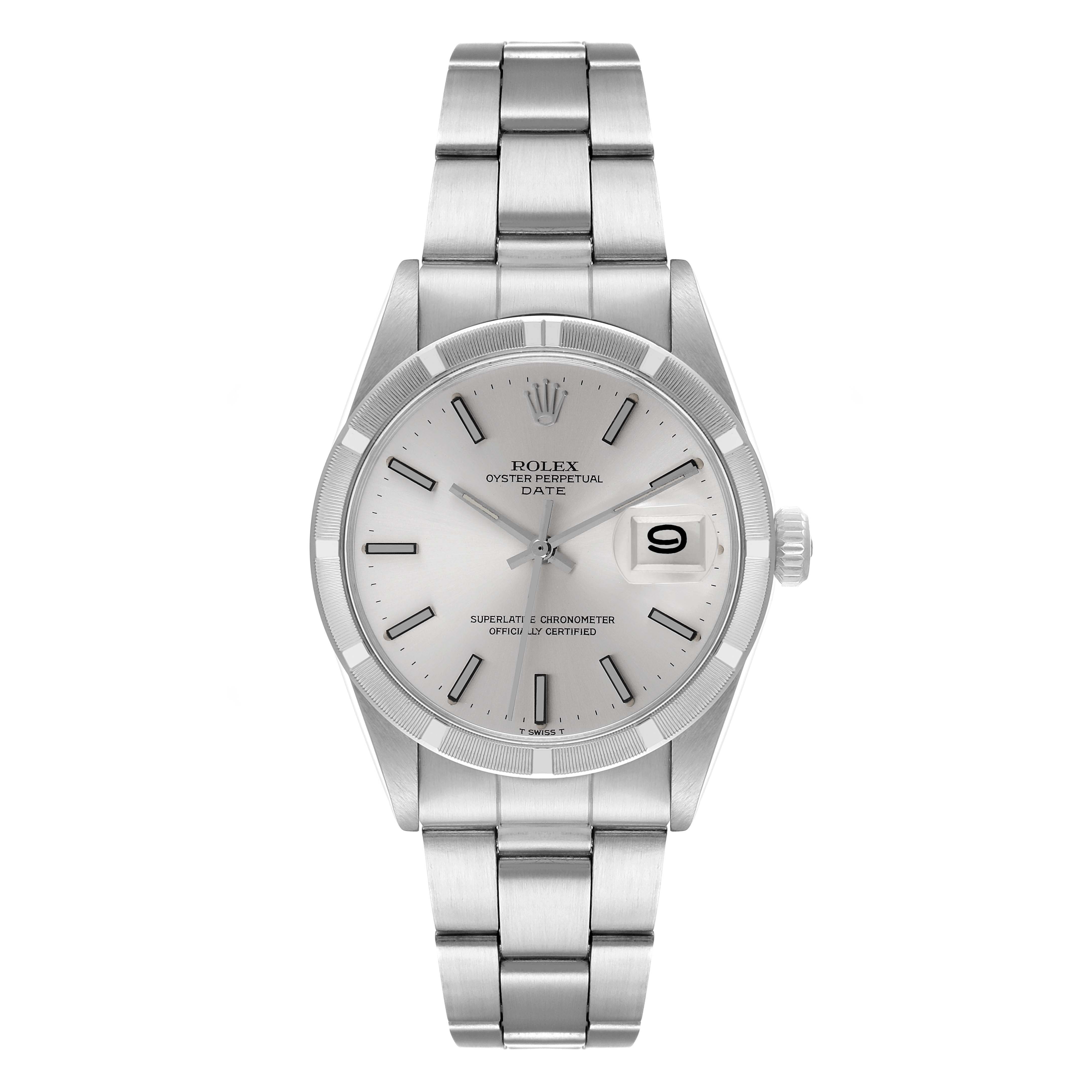 The image shows a front view of the Rolex Vintage Collection 1501 Men's Stainless Steel Silver Dial 1501 Men's Stainless Steel Silver Dial Oyster Perpetual Date watch.
