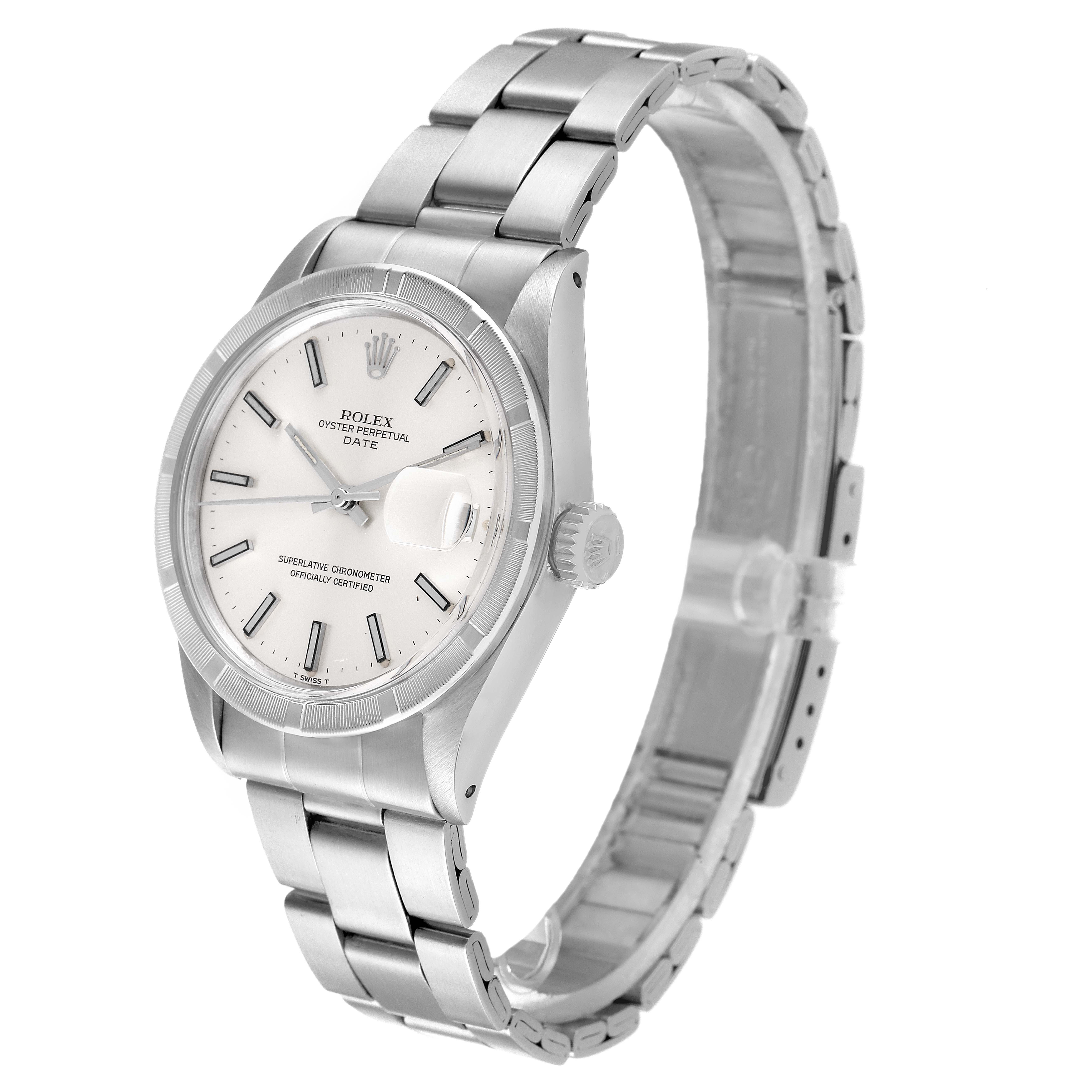 The image shows a Rolex Vintage Collection 1501 Men's Stainless Steel Silver Dial 1501 Men's Stainless Steel Silver Dial watch from a three-quarter side angle, displaying the dial, bezel, crown, and bracelet.