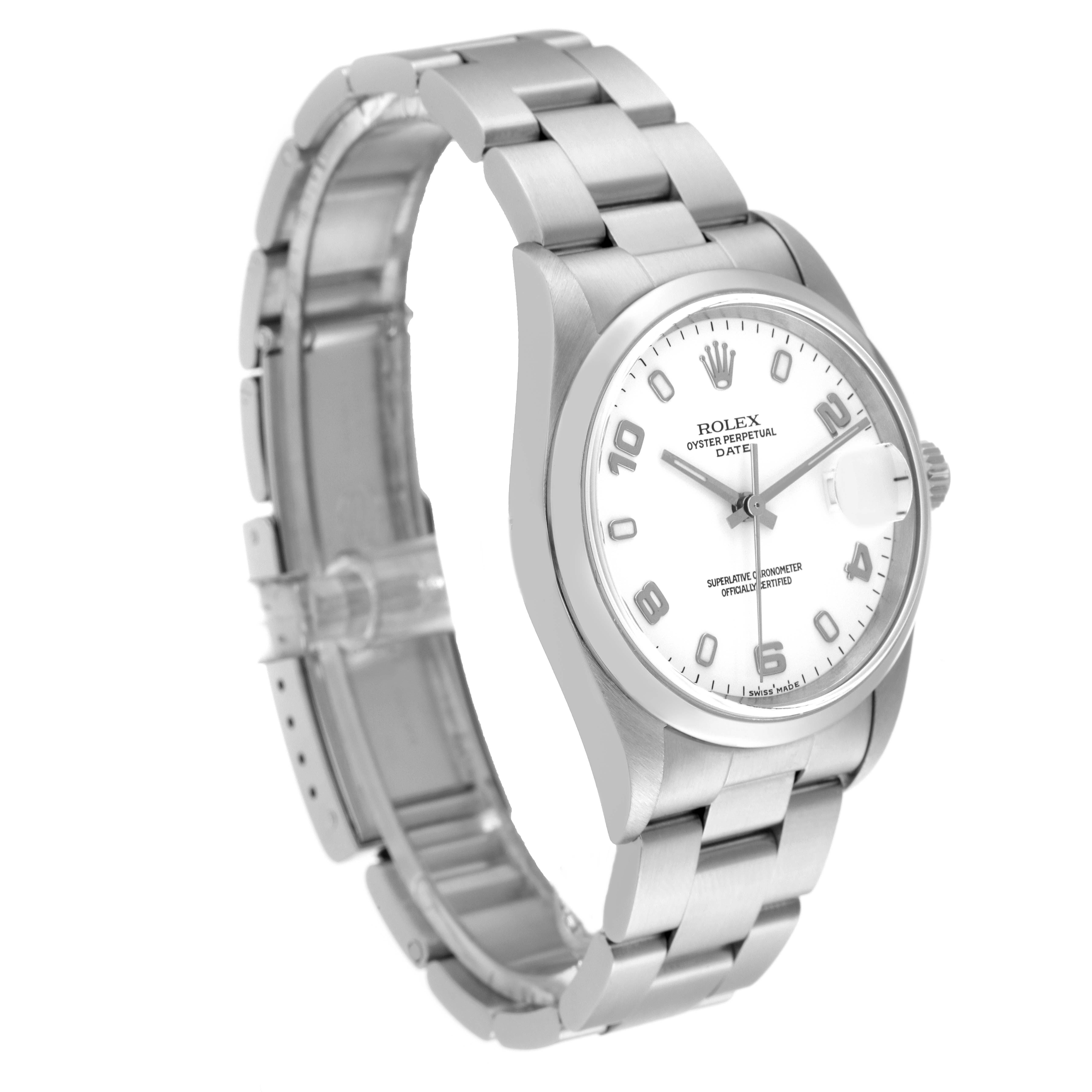 The image shows a Rolex Date 15200 Men's Stainless Steel White Dial 15200 Men's Stainless Steel White Dial watch angled slightly to the right, highlighting its face, bezel, and bracelet.