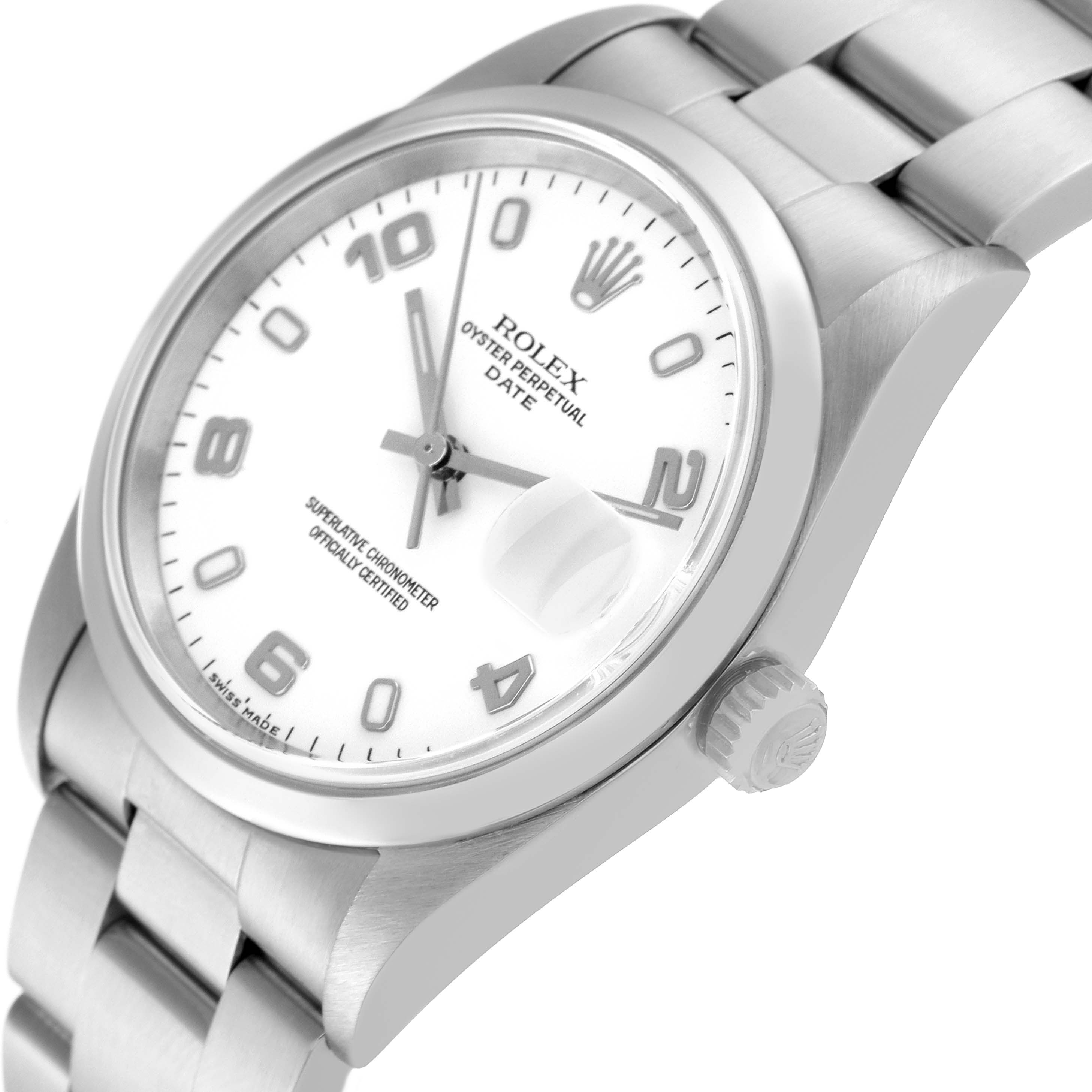 The image shows an angled view of a Rolex Date 15200 Men's Stainless Steel White Dial 15200 Men's Stainless Steel White Dial model watch, featuring the dial, crown, bezel, and part of the bracelet.