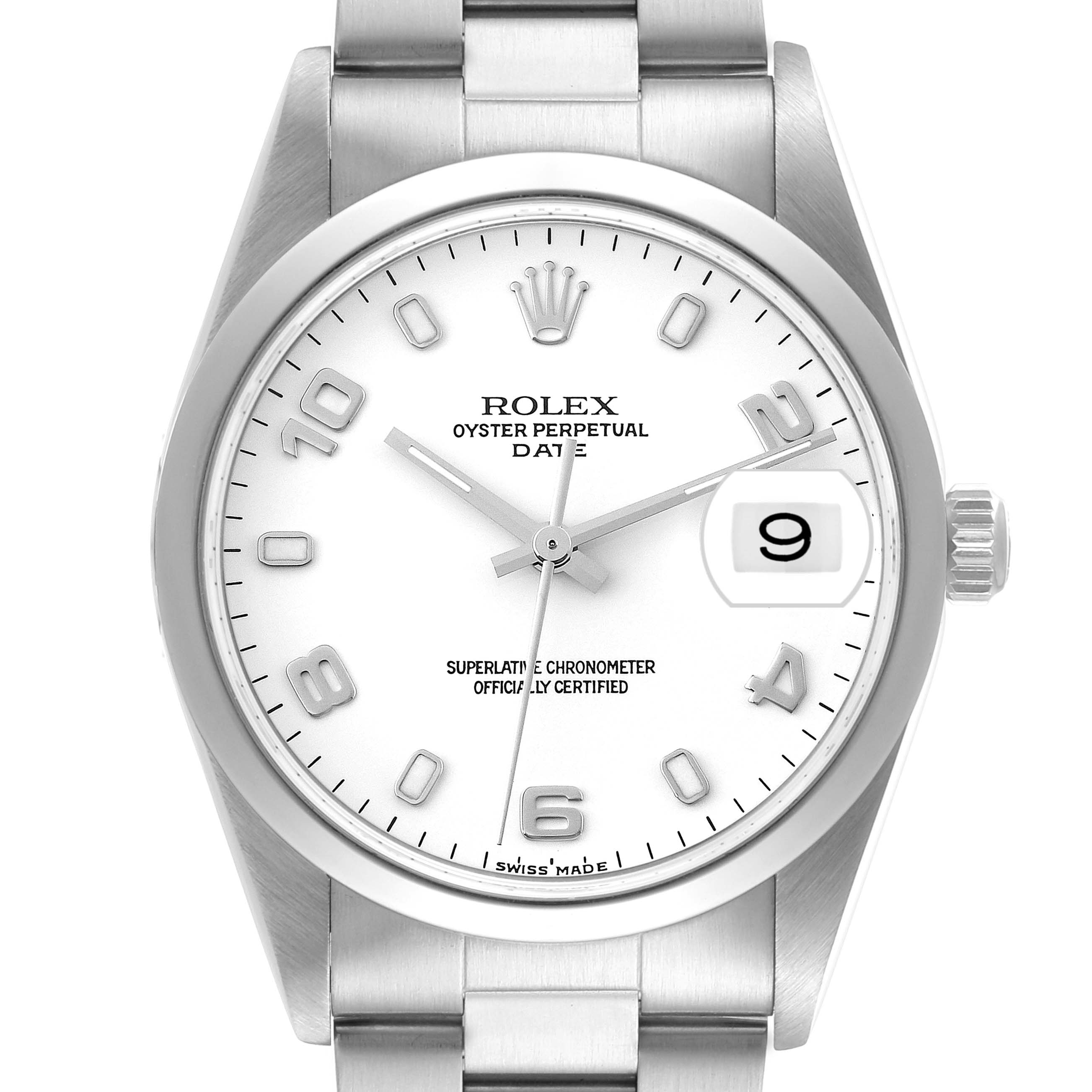 This image shows a front view of the Rolex Oyster Perpetual Date watch, displaying the dial, hands, date window, and part of the bracelet.