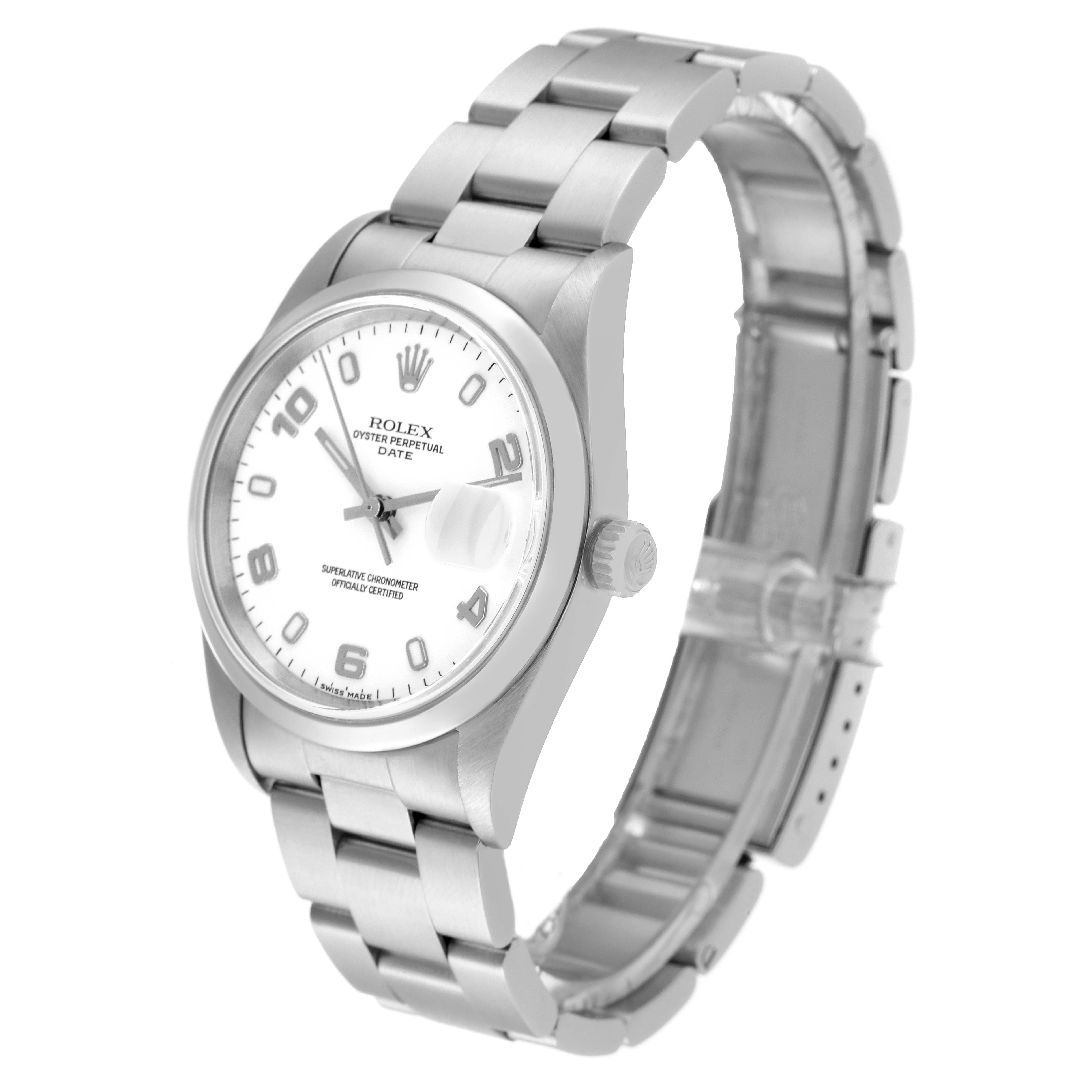 The image shows a side view of the Rolex Date 15200 Men's Stainless Steel White Dial 15200 Men's Stainless Steel White Dial model watch, highlighting the dial, case, bracelet, and crown.