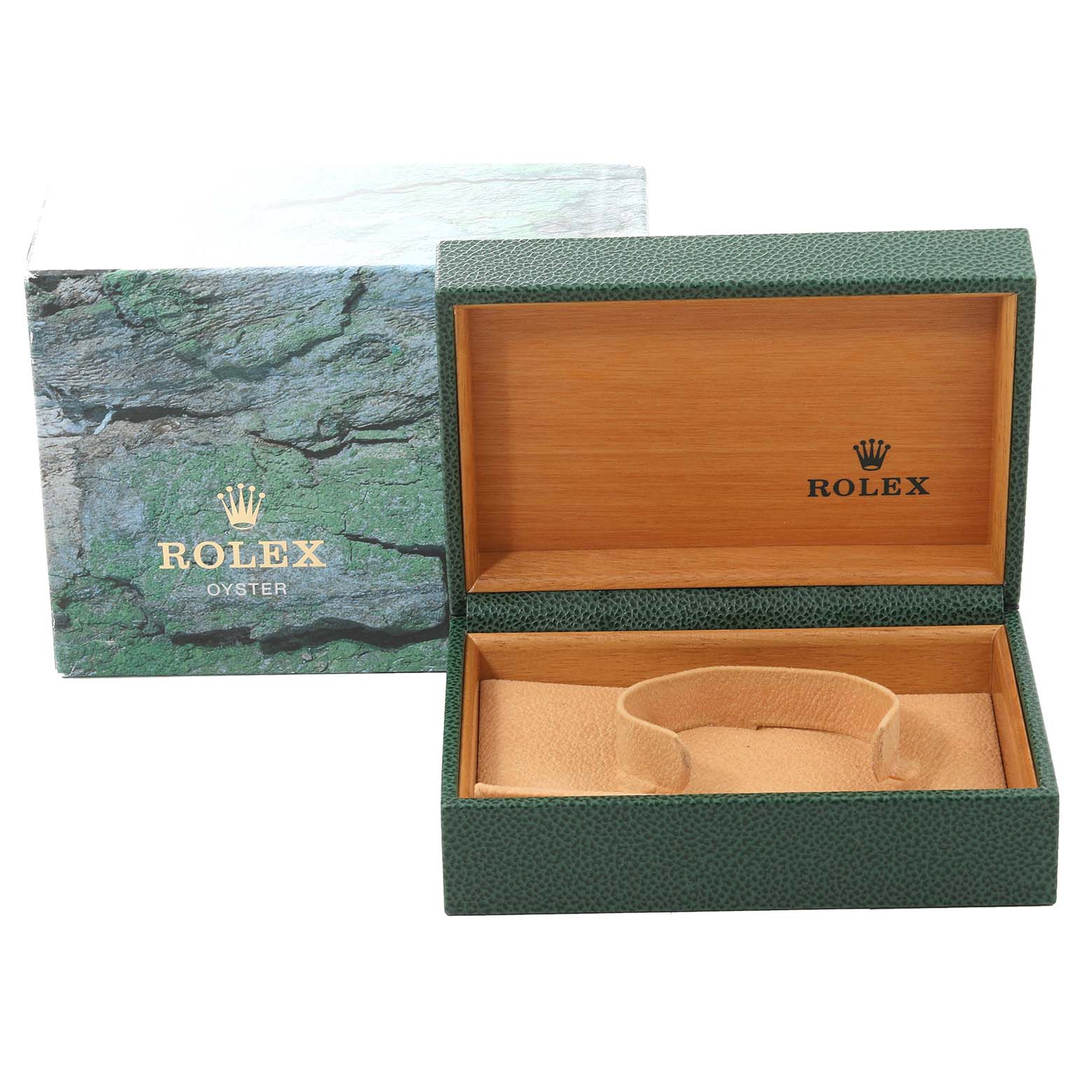 The image shows an open Rolex Date 15200 Men's Stainless Steel White Dial 15200 Men's Stainless Steel White Dial model box with green and wooden interior, and a cushion for holding the watch.