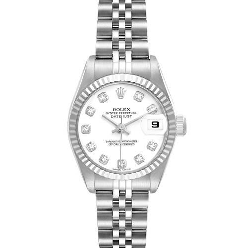 The image shows a front view of the Rolex Datejust 79174 Women's Stainless Steel White Dial watch, highlighting its face, bezel, and bracelet.