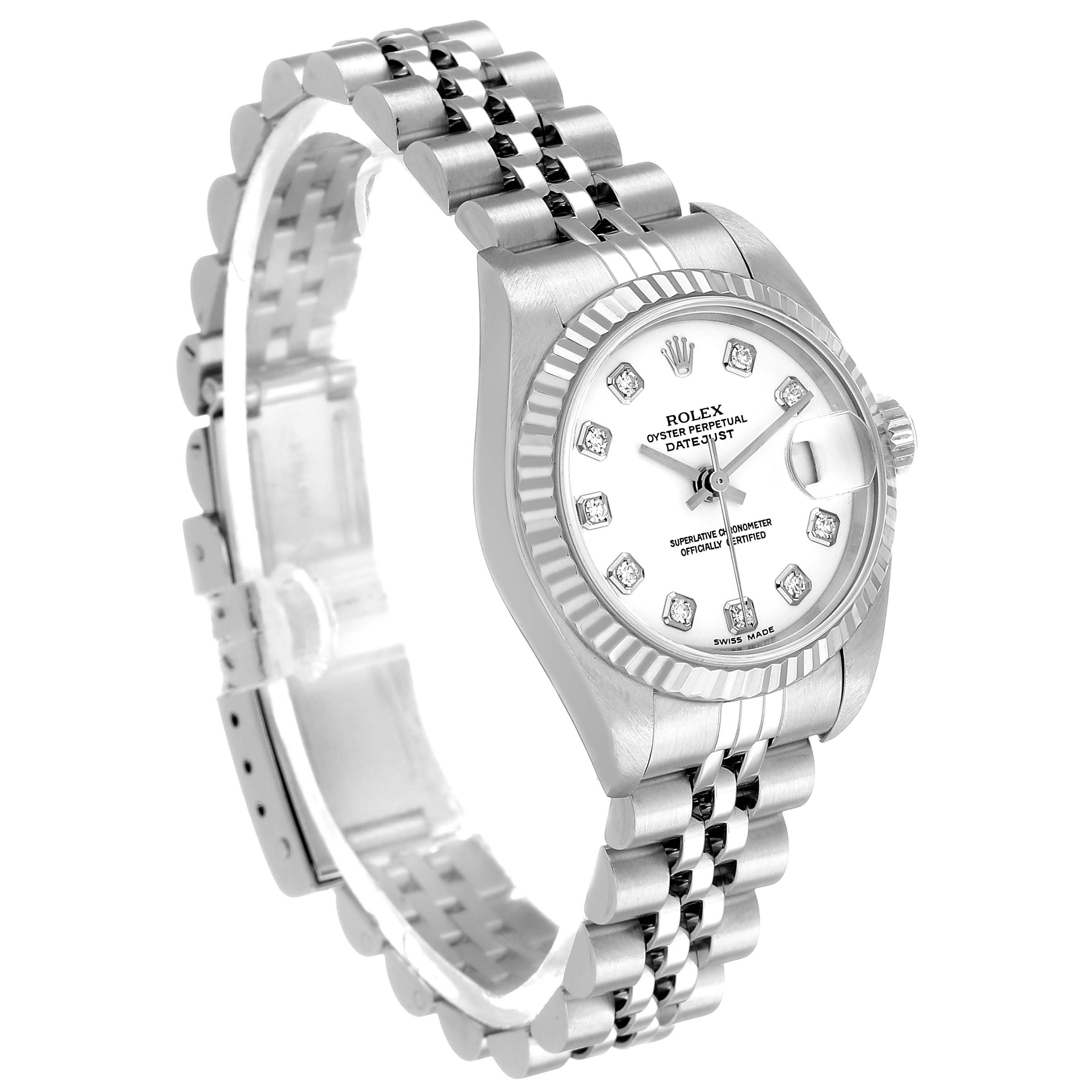 The Rolex Datejust 79174 Women's Stainless Steel White Dial watch is displayed at a slight angle, highlighting the face, fluted bezel, and Jubilee bracelet.