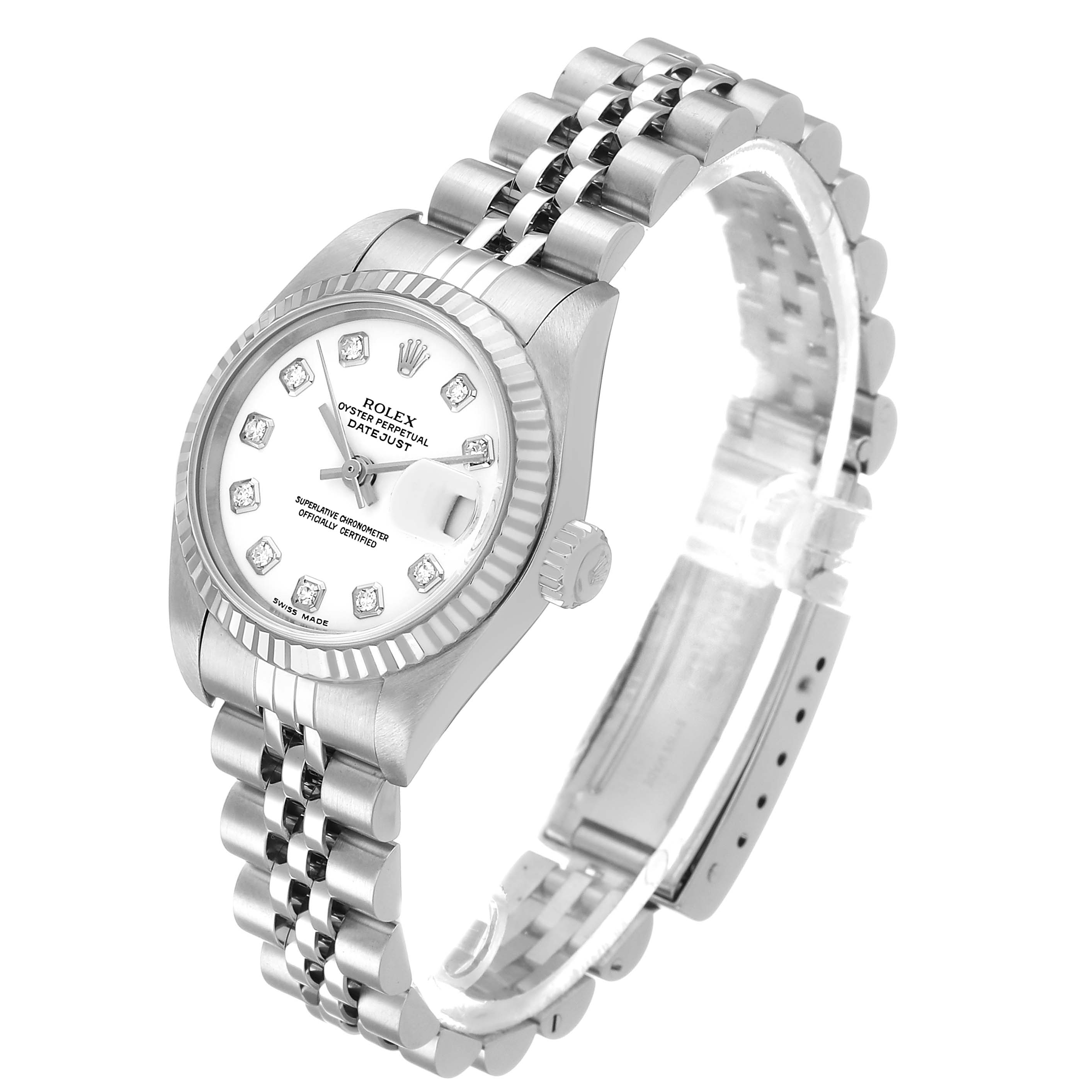 The Rolex Datejust 79174 Women's Stainless Steel White Dial watch is shown at a three-quarter angle, highlighting the dial, bezel, and jubilee bracelet.