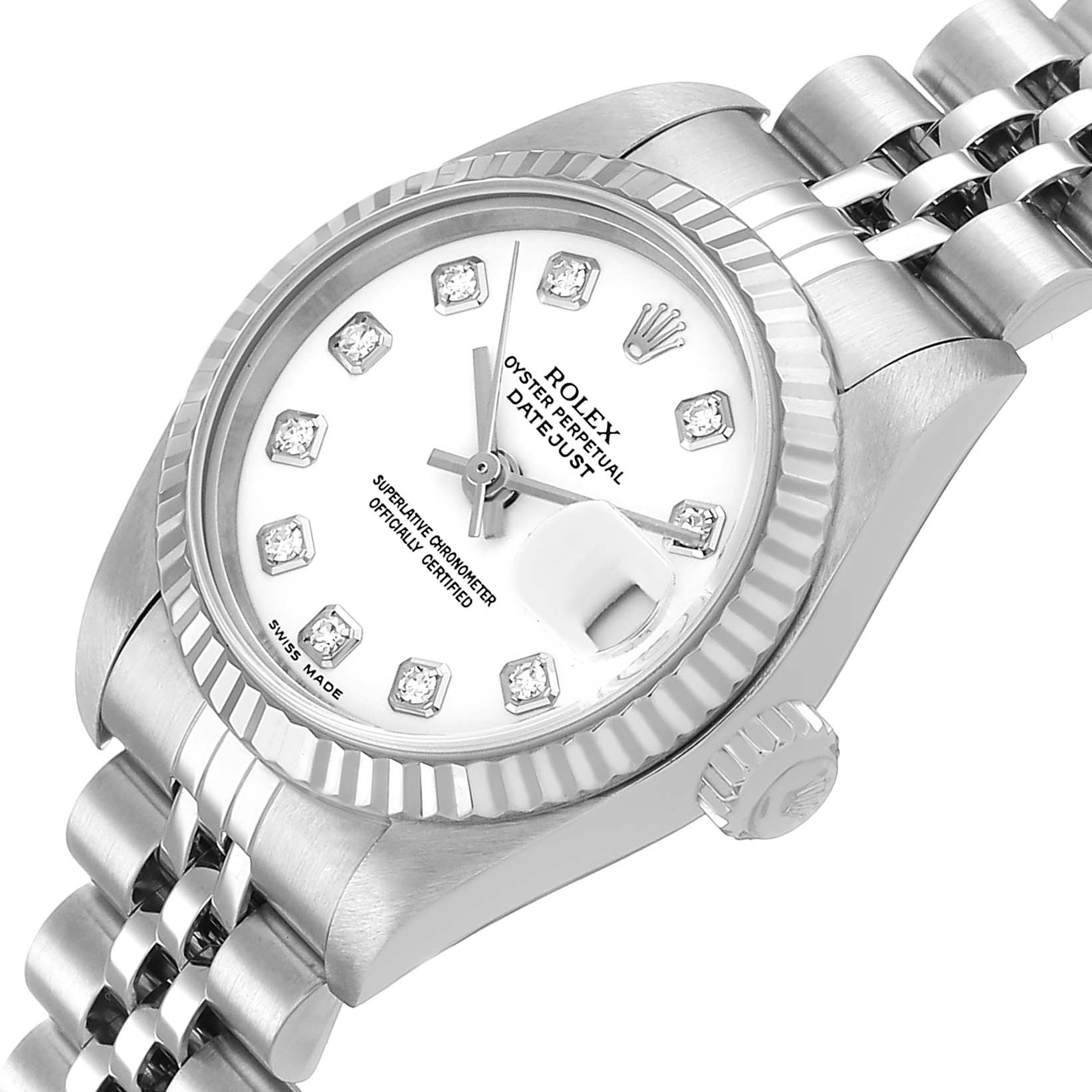 The image shows a Rolex Datejust 79174 Women's Stainless Steel White Dial watch at an angled view, highlighting the dial, fluted bezel, crown, and part of the bracelet.