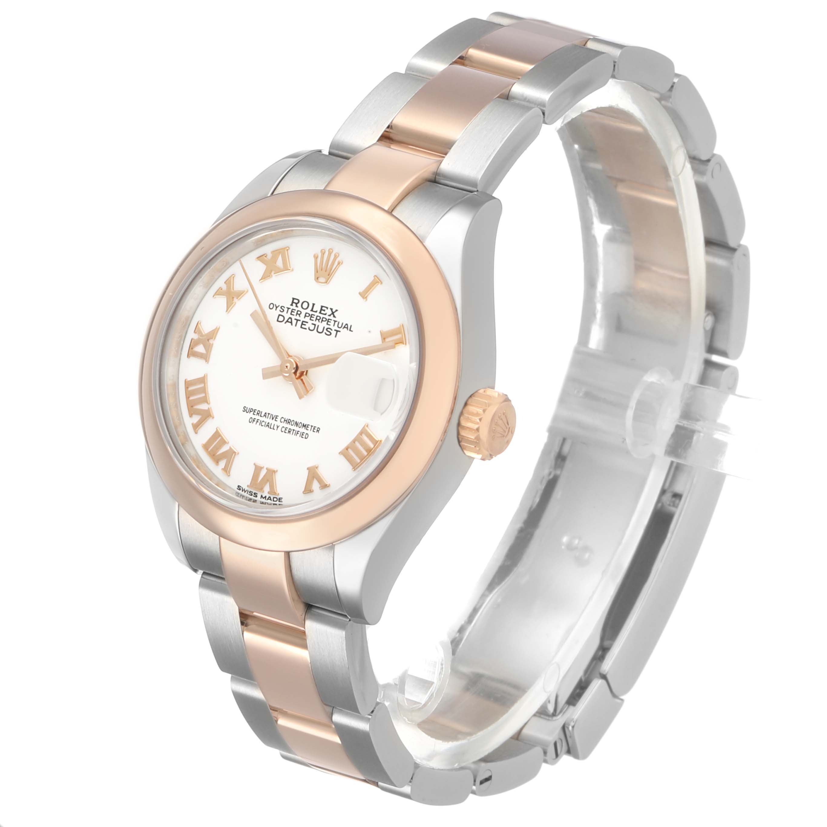 The Rolex Datejust 279161 Women's Stainless Steel White Dial watch is shown at a three-quarter angle, highlighting the face, bezel, bracelet, and crown.