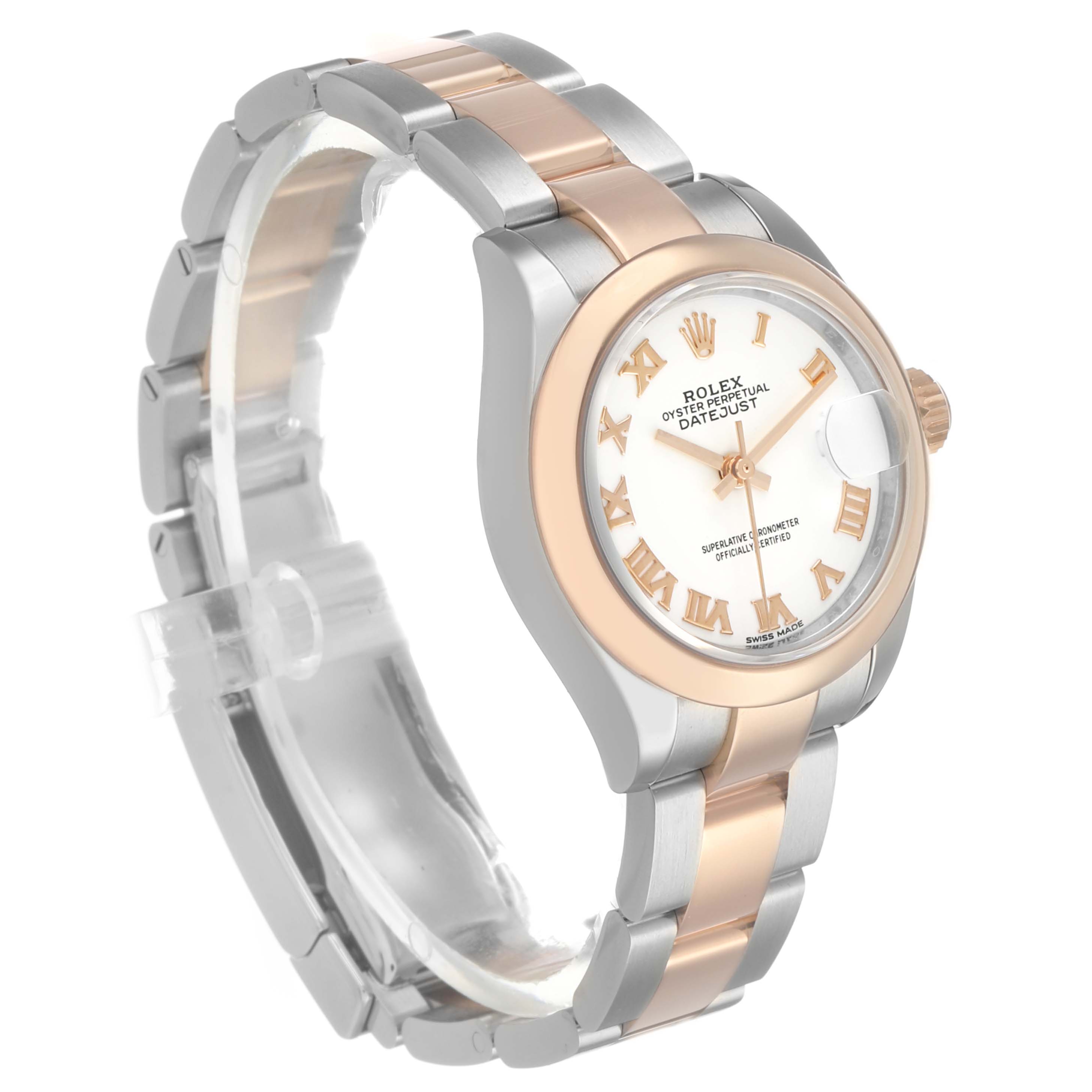 The Rolex Datejust 279161 Women's Stainless Steel White Dial watch is shown at a three-quarter angle featuring its face, bezel, crown, and part of the bracelet.