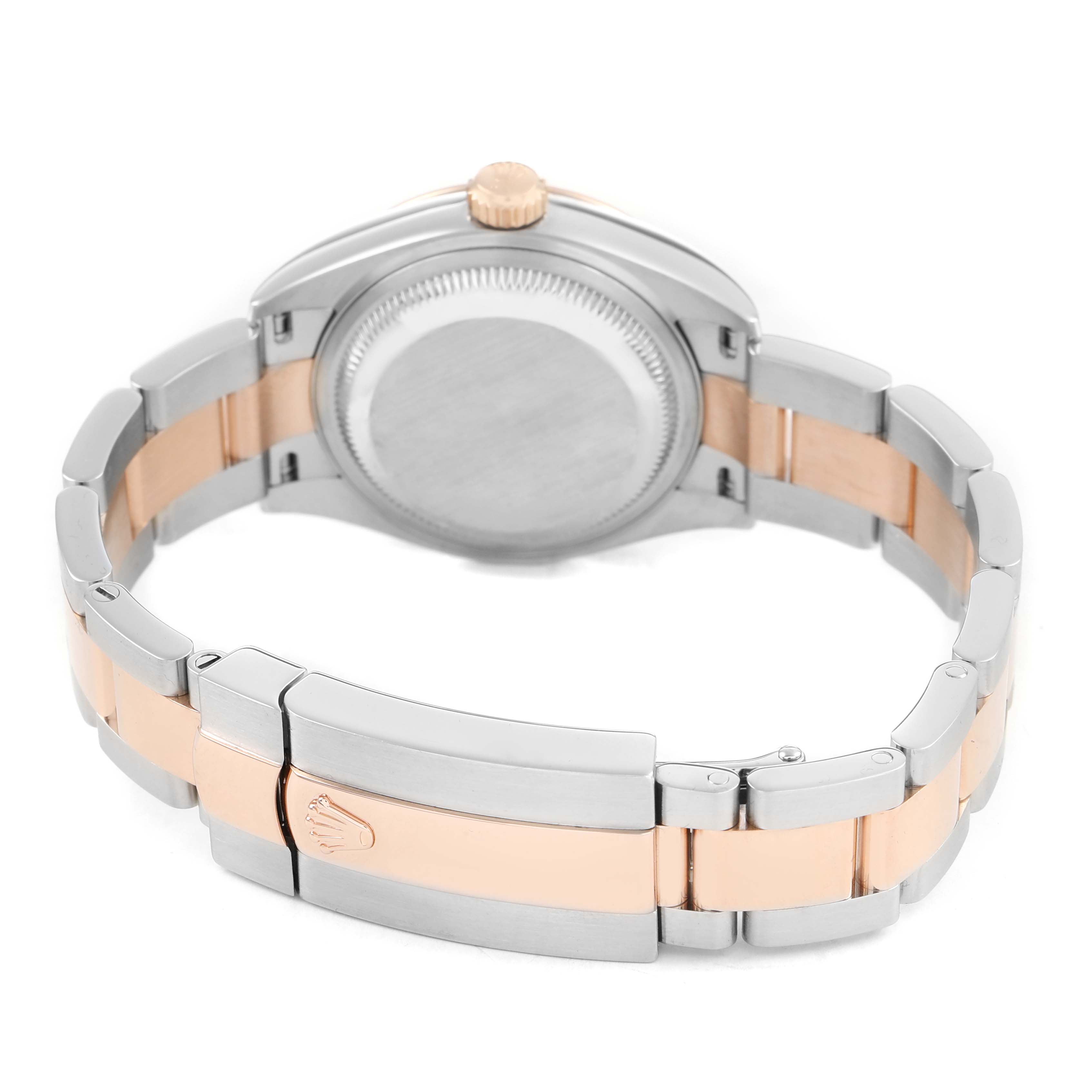 The image shows the back of a Rolex Datejust 279161 Women's Stainless Steel White Dial watch, highlighting the two-tone bracelet and clasp.