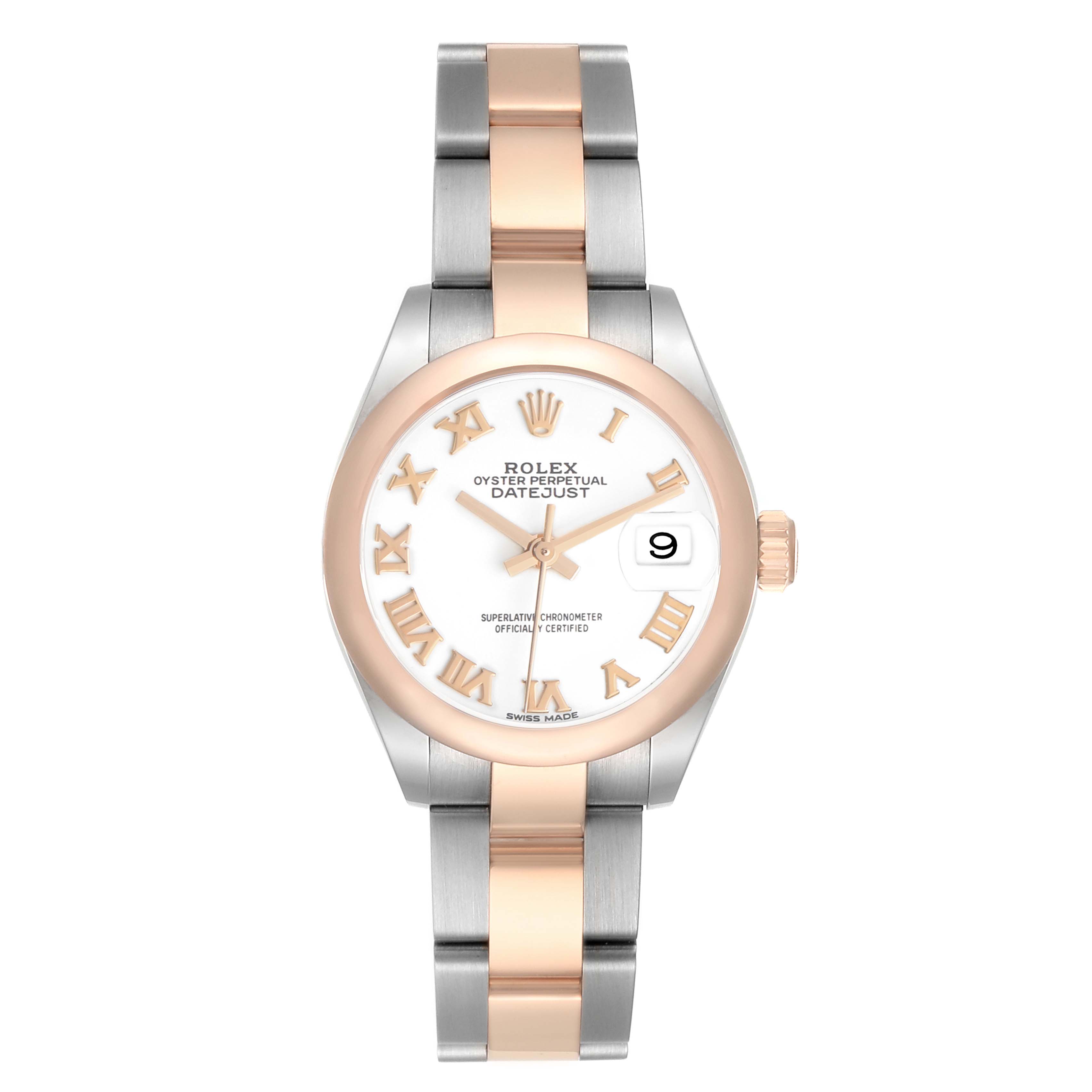 The Rolex Datejust 279161 Women's Stainless Steel White Dial watch is shown from a top-down angle, featuring a two-tone bracelet and Roman numeral dial.