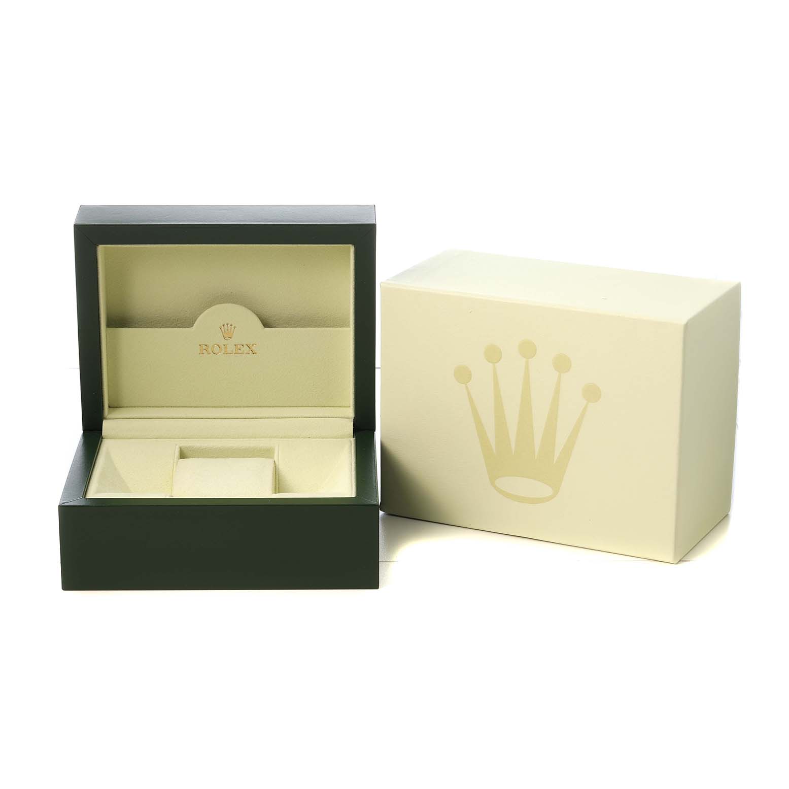 The image shows an open Rolex Datejust 279161 Women's Stainless Steel White Dial watch box with the outer box featuring the Rolex crown logo.