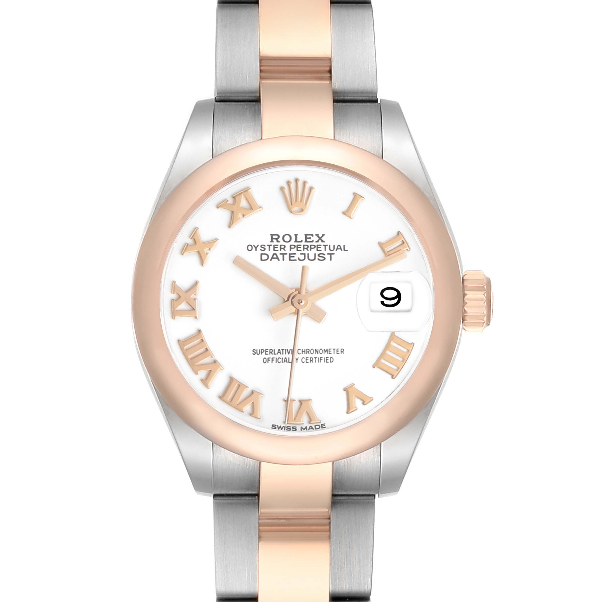 The Rolex Datejust 279161 Women's Stainless Steel White Dial watch is shown from a frontal angle, displaying the dial, hands, bezel, and part of the bracelet.