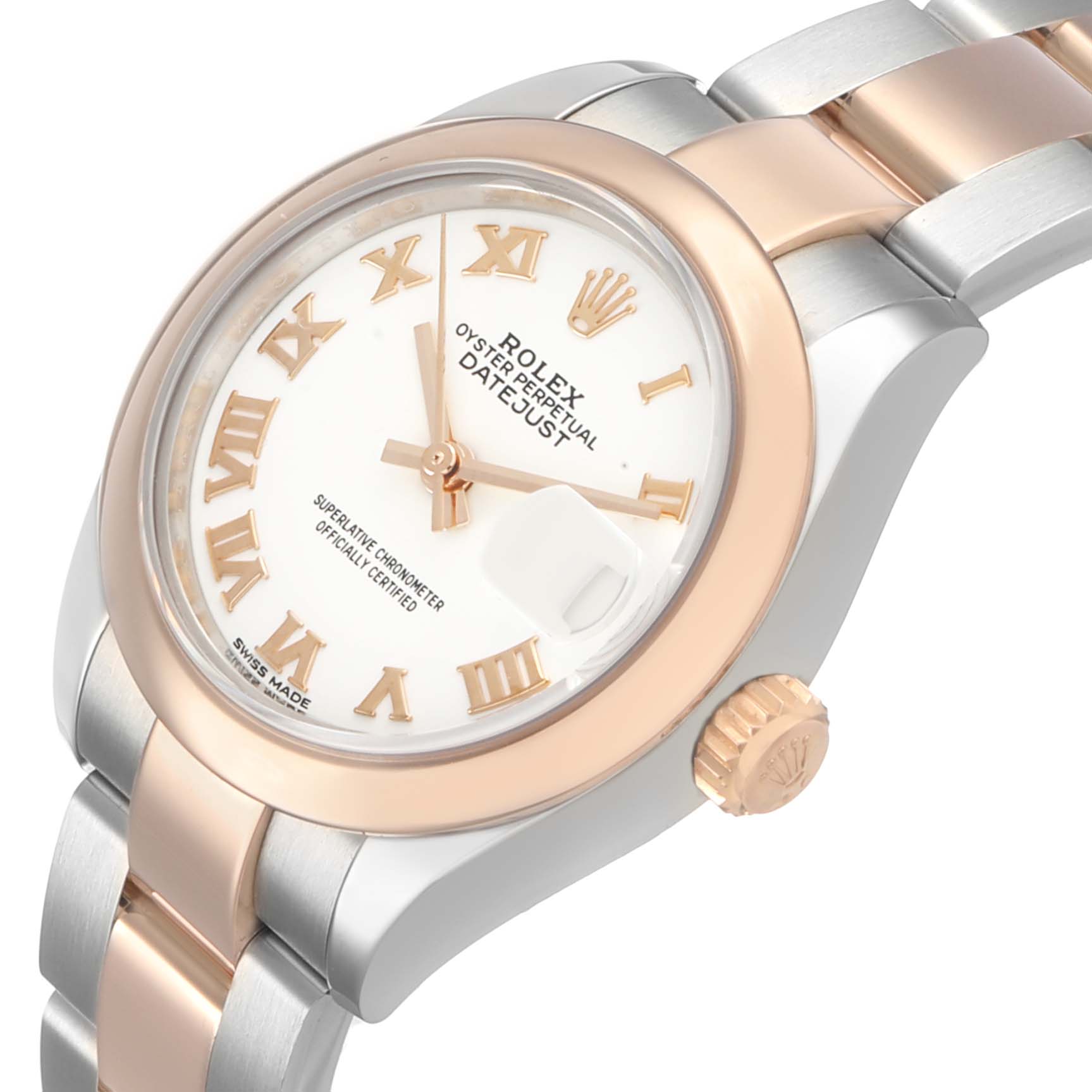 The Rolex Datejust 279161 Women's Stainless Steel White Dial watch is shown from a slightly elevated angle, highlighting the dial, bezel, crown, and part of the bracelet.