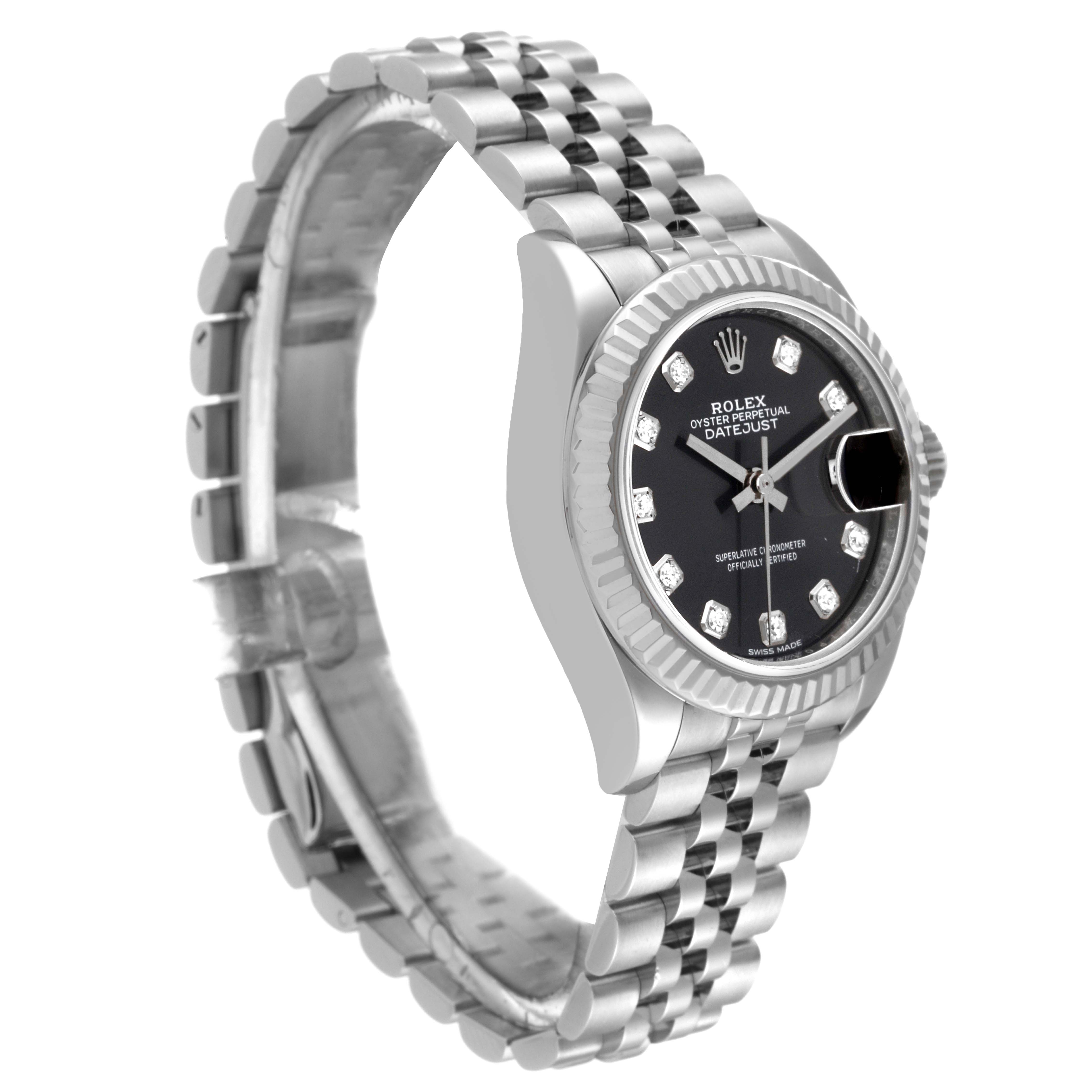 The image shows a side angle of the Rolex Datejust 279174 Women's Stainless Steel Grey Dial 279174 Women's Stainless Steel Grey Dial watch, highlighting the dial, bezel, and bracelet.
