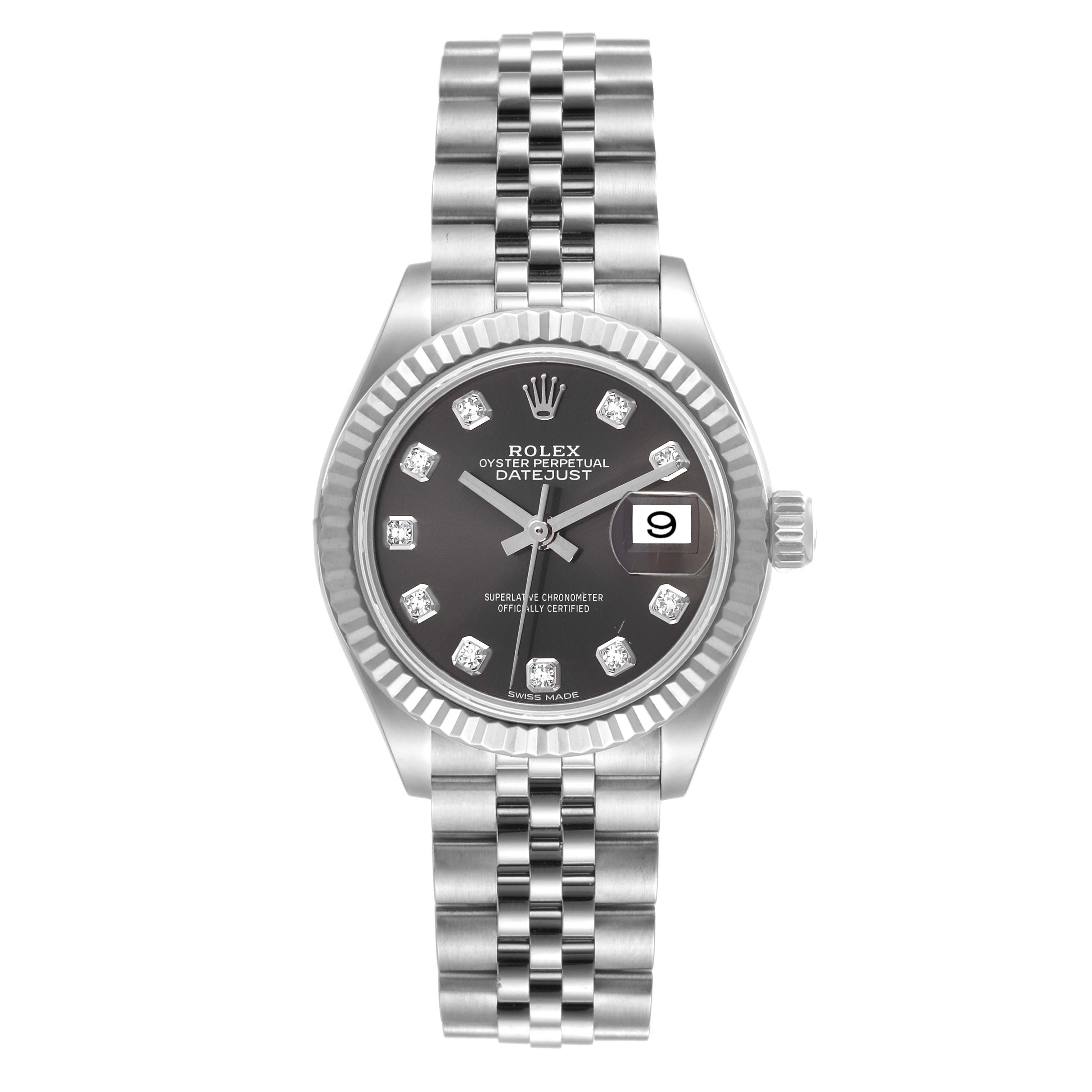 This image shows a Rolex Datejust 279174 Women's Stainless Steel Grey Dial 279174 Women's Stainless Steel Grey Dial watch from a top view, highlighting the dial, bezel, bracelet, and date window.