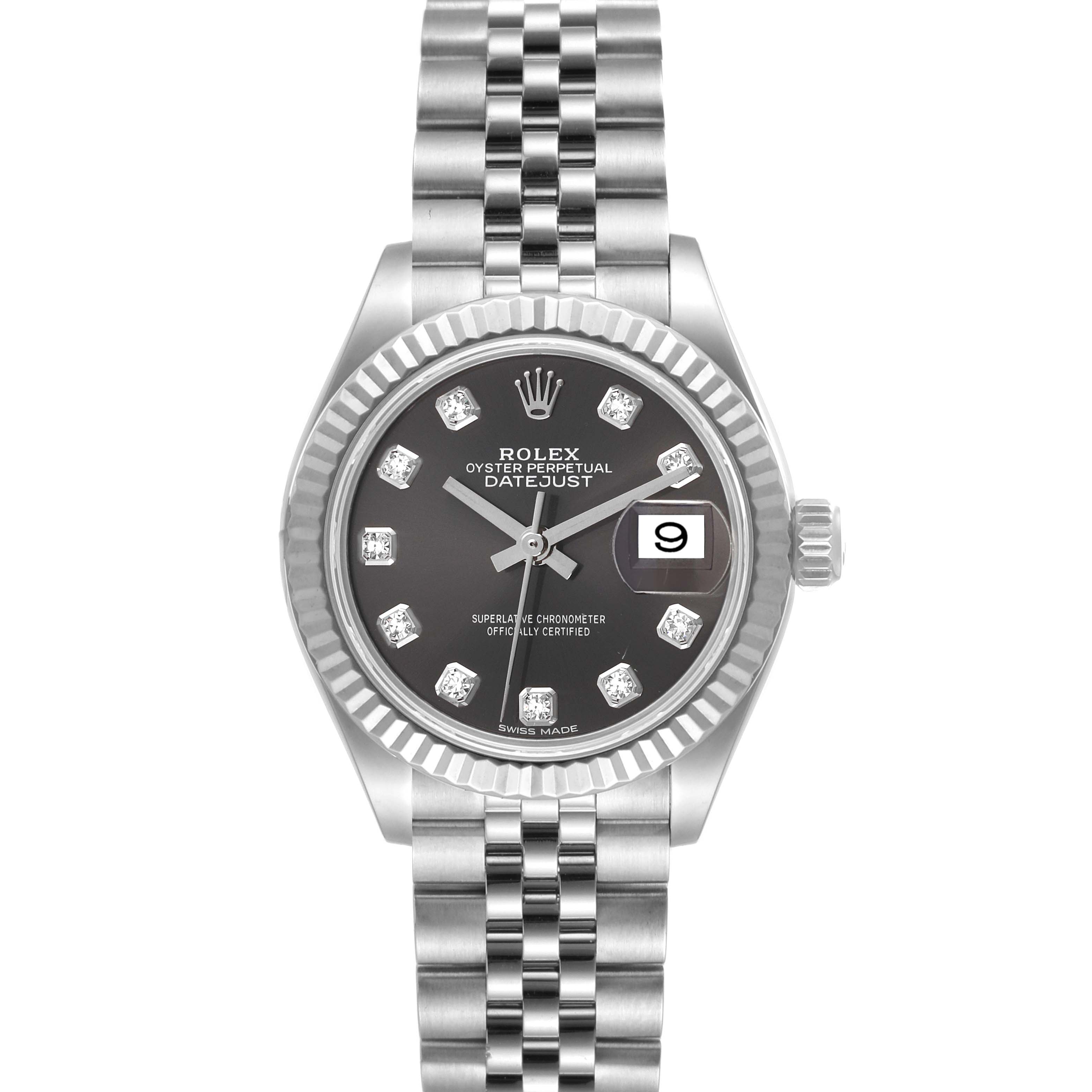 The image shows a frontal view of a Rolex Datejust 279174 Women's Stainless Steel Grey Dial 279174 Women's Stainless Steel Grey Dial watch, highlighting the dial, bezel, and bracelet.