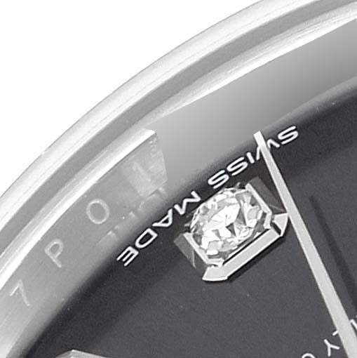 Close-up of the Rolex Datejust 279174 Women's Stainless Steel Grey Dial 279174 Women's Stainless Steel Grey Dial watch face, showing part of the dial, diamond marker, and "Swiss Made" text.