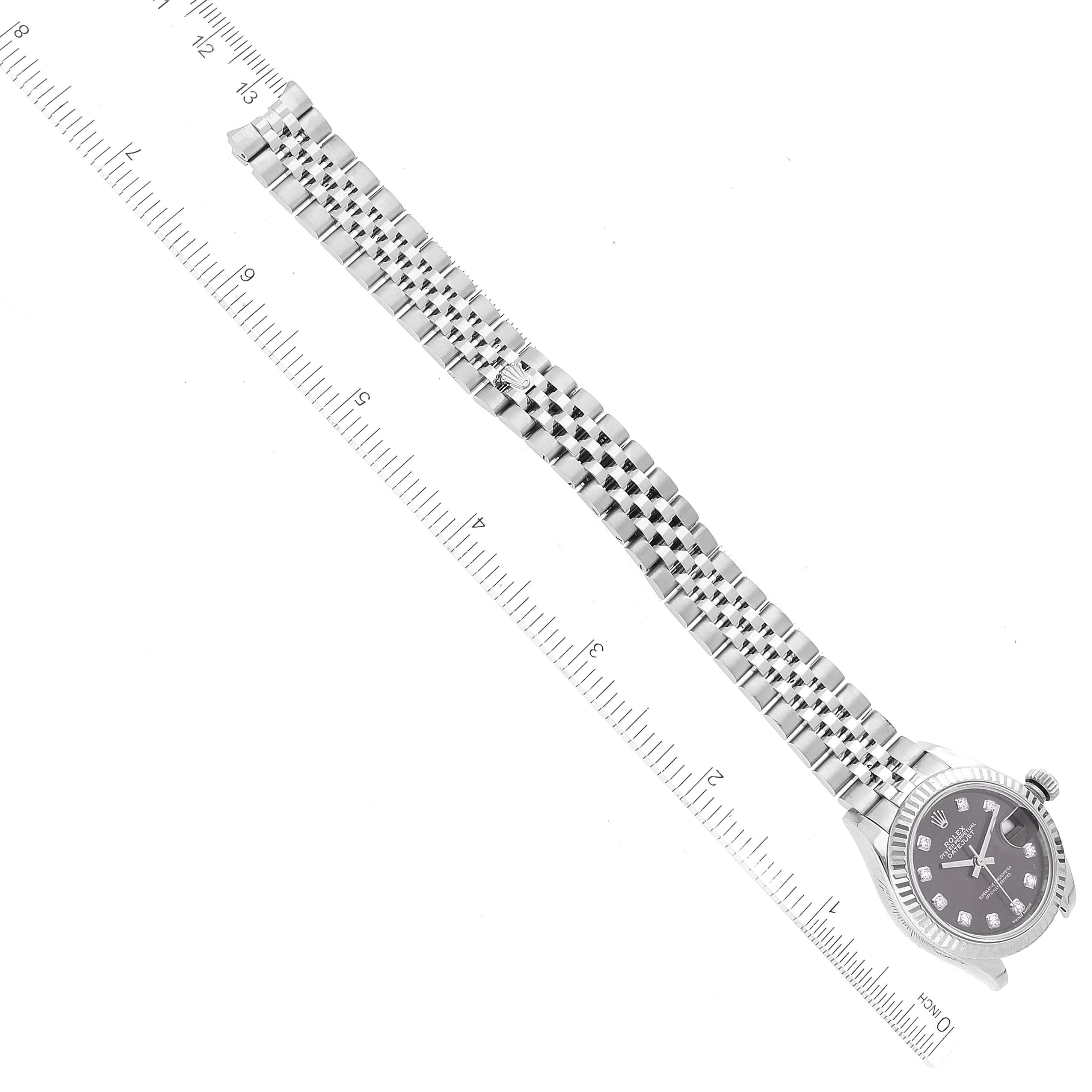 The image shows a Rolex Datejust 279174 Women's Stainless Steel Grey Dial 279174 Women's Stainless Steel Grey Dial watch laid flat with its full bracelet extended and a ruler for size reference.
