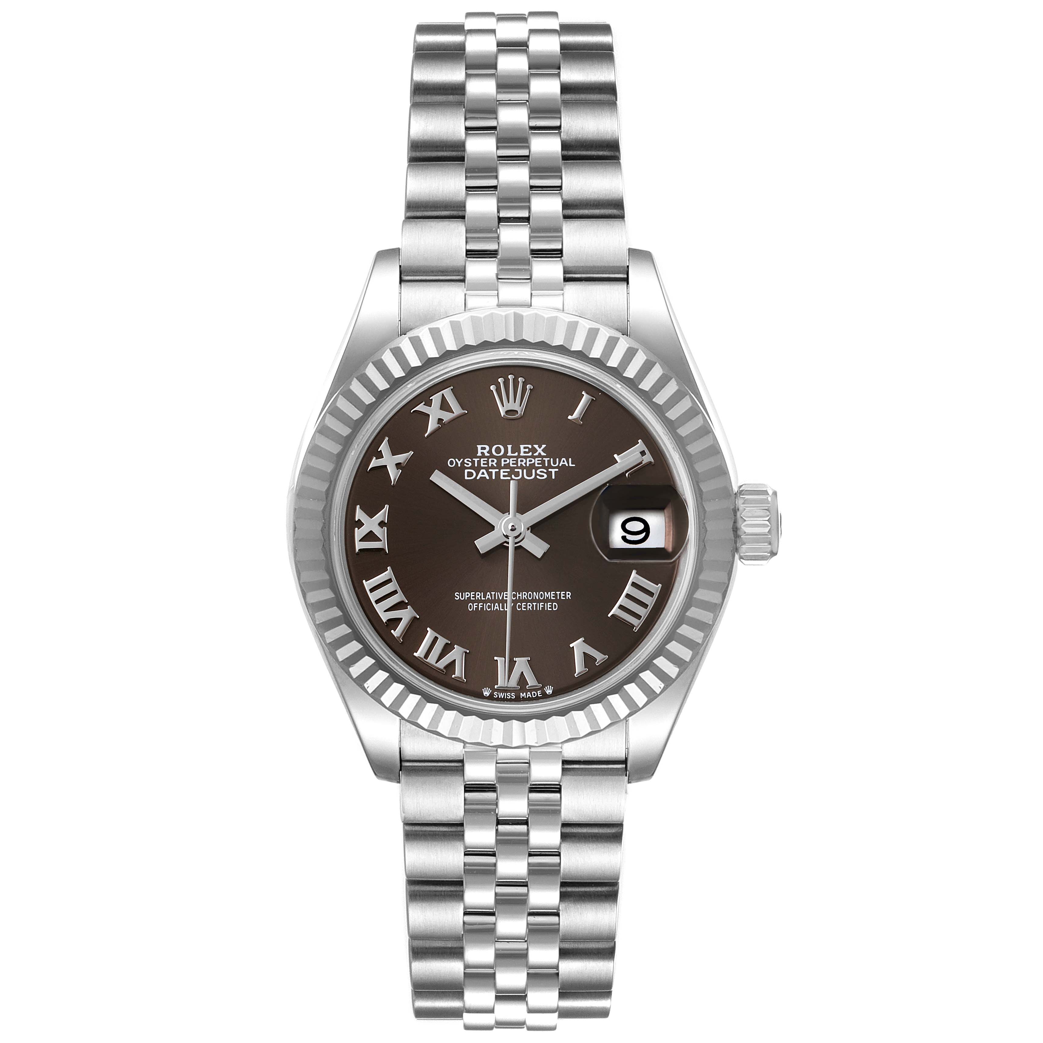 This image shows a front view of the Rolex Datejust 279174 Women's Stainless Steel Grey Dial 279174 Women's Stainless Steel Grey Dial watch, displaying its face, dial, bezel, and bracelet band.