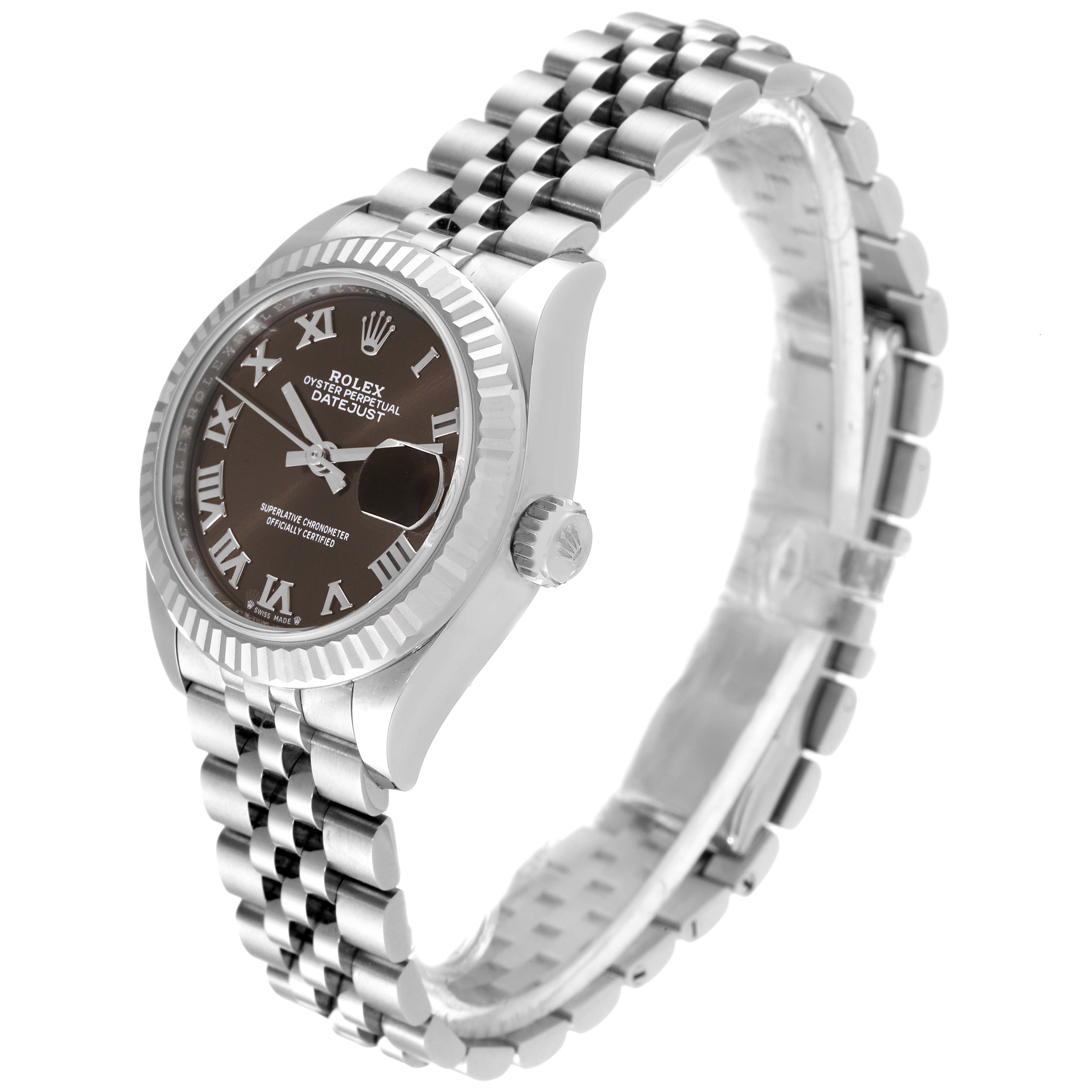 The image shows a side angle of the Rolex Datejust 279174 Women's Stainless Steel Grey Dial 279174 Women's Stainless Steel Grey Dial watch, highlighting its face, bezel, crown, and bracelet.