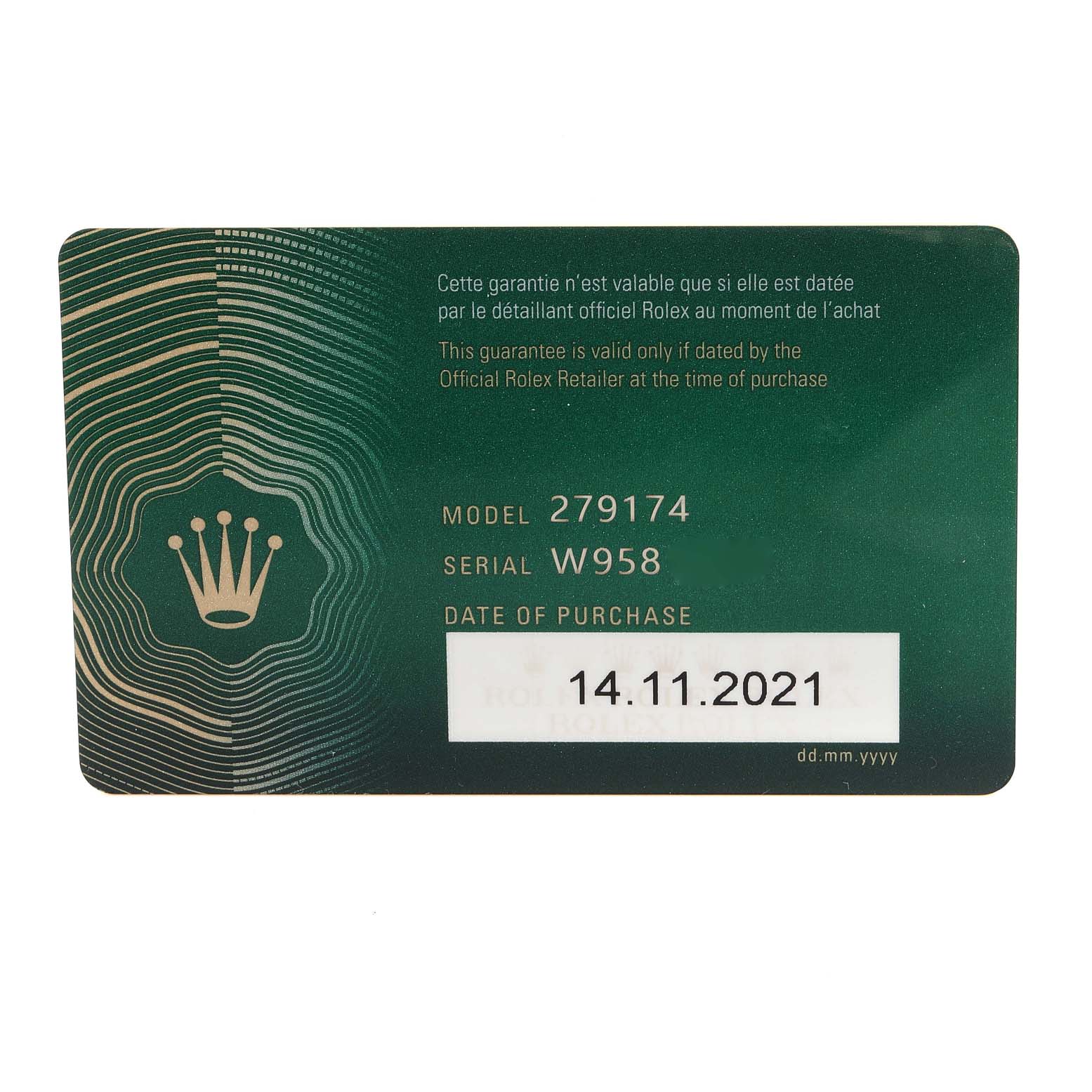 This image shows the warranty card for a Rolex Datejust 279174 Women's Stainless Steel Grey Dial 279174 Women's Stainless Steel Grey Dial model with serial number W958, dated 14.11.2021.