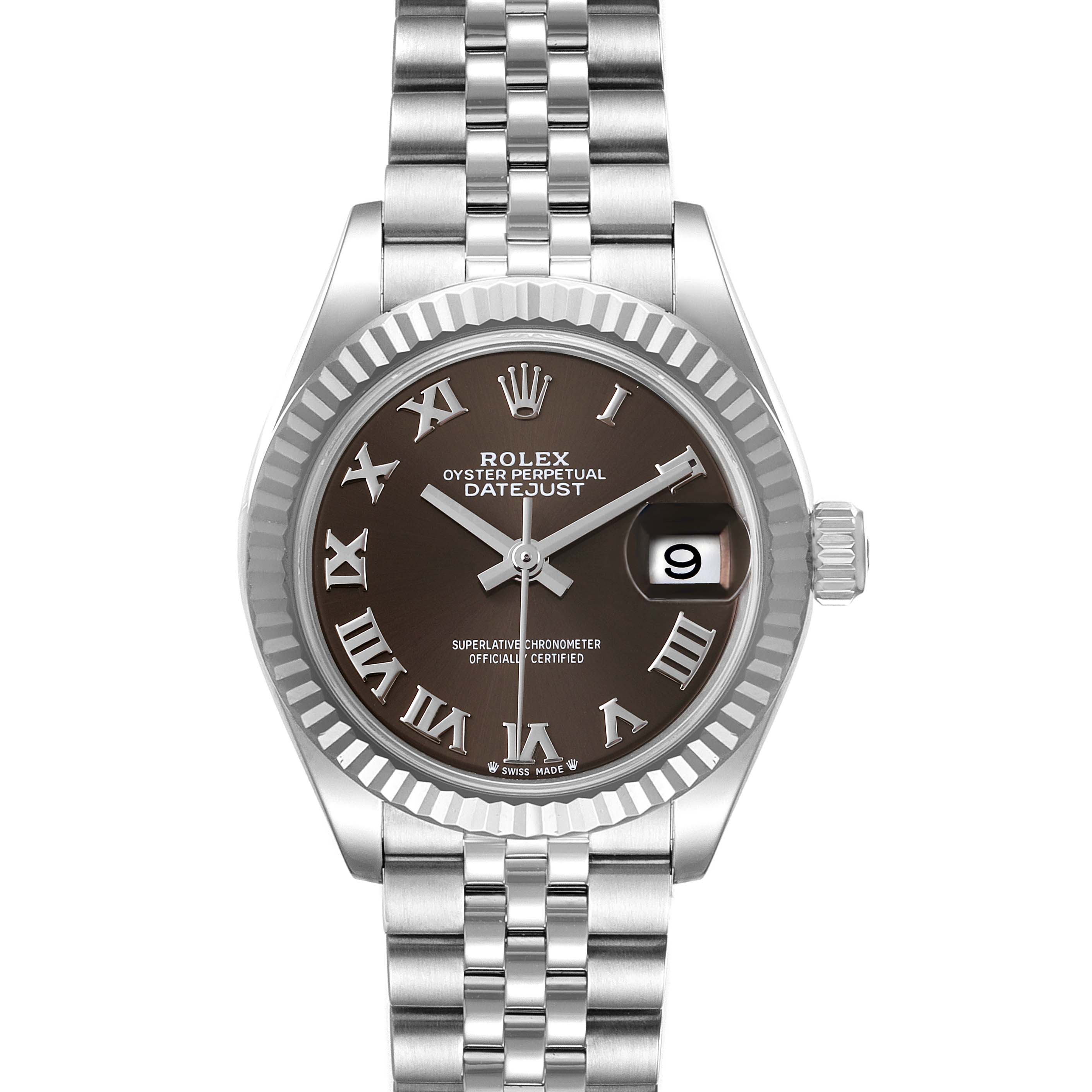 This image shows a frontal view of a Rolex Datejust 279174 Women's Stainless Steel Grey Dial 279174 Women's Stainless Steel Grey Dial watch, highlighting its face, bezel, and part of the bracelet.