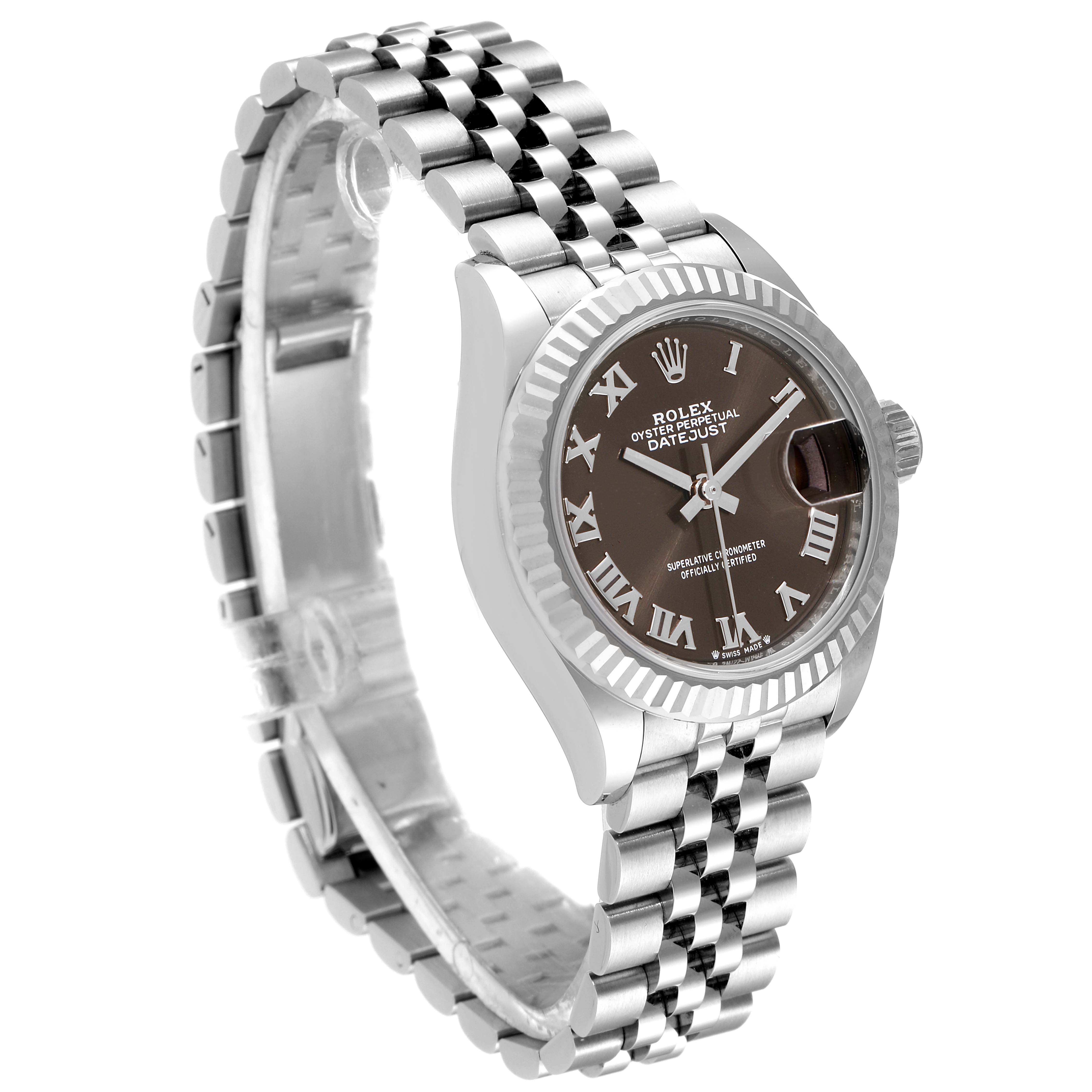 The image shows a Rolex Datejust 279174 Women's Stainless Steel Grey Dial 279174 Women's Stainless Steel Grey Dial watch at a three-quarter angle highlighting its face, bezel, and jubilee bracelet.