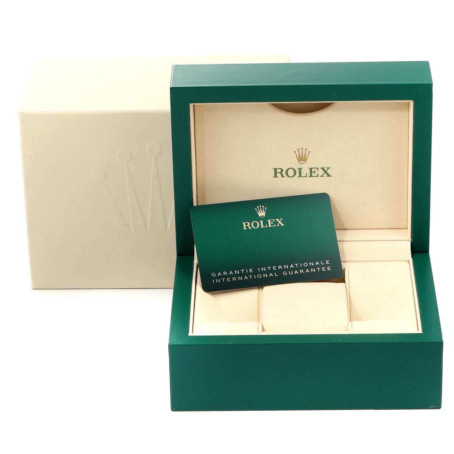 The image shows a Rolex Datejust 279174 Women's Stainless Steel Grey Dial 279174 Women's Stainless Steel Grey Dial watch box and an international guarantee card, with the box open at an angle.